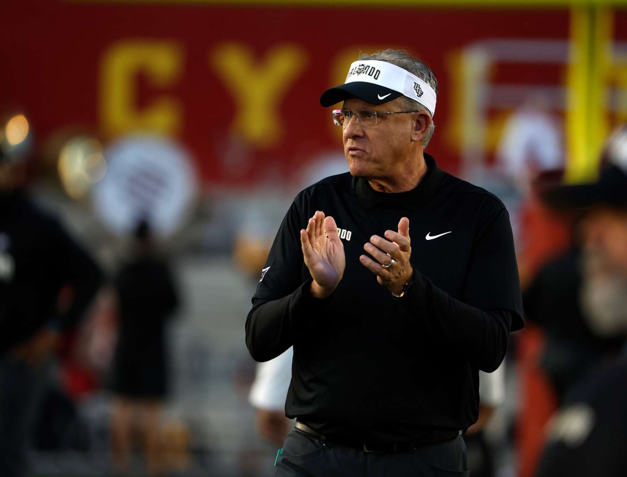 AMES, IA - OCTOBER 19: Head coach Gus Malzahn of the UCF Knights coaches during pregame warmups at Jack Trice Stadium on October 19, 2024, in Ames, Iowa. The Iowa State Cyclones won 38-35 over the UCF Knights. (Photo by David K Purdy/Getty Images)