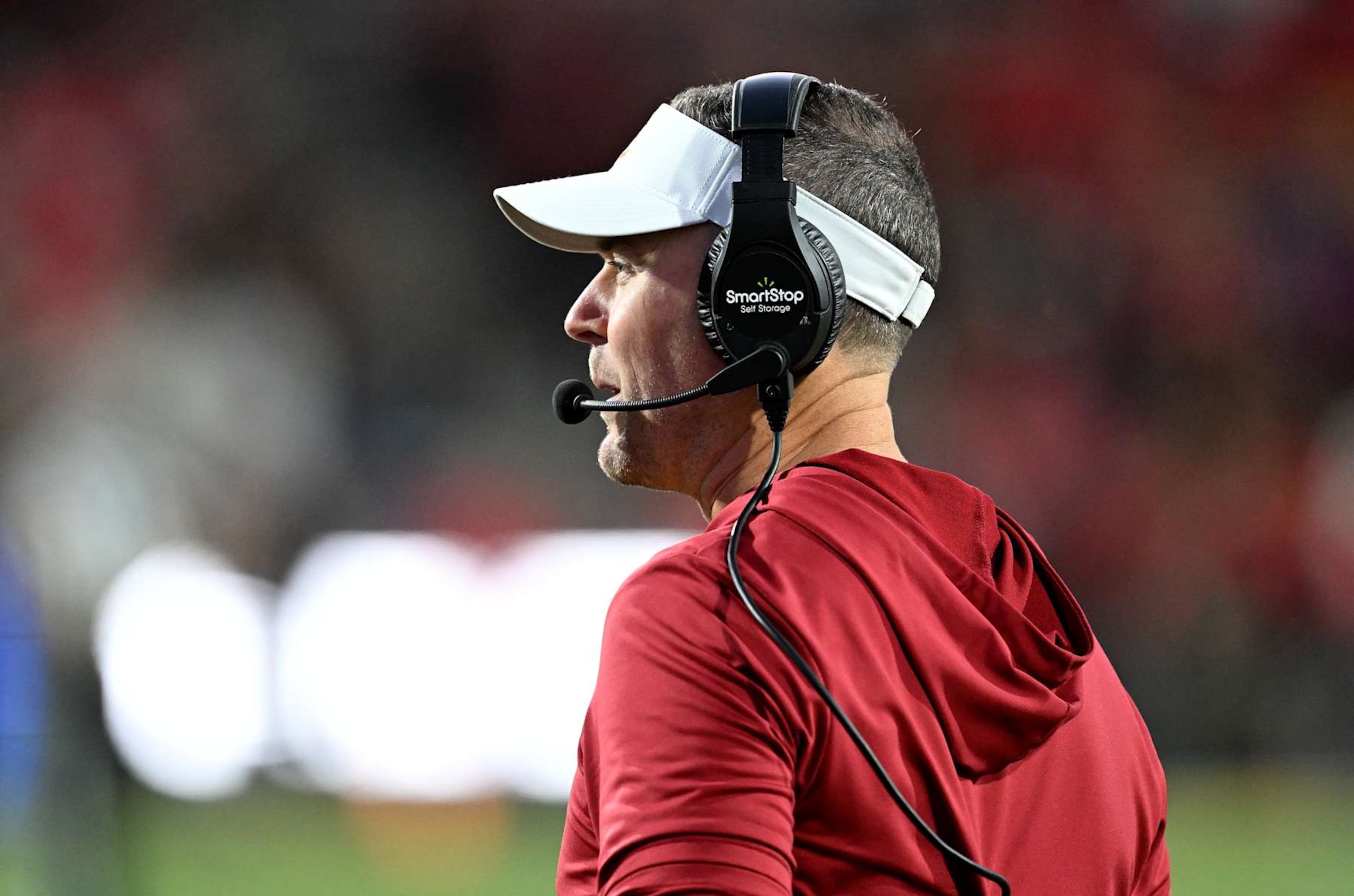 COLLEGE PARK, MARYLAND - OCTOBER 19: Head coach Lincoln Riley of the USC Trojans watches the game against the Maryland Terrapins at SECU Stadium on October 19, 2024 in College Park, Maryland. (Photo by G Fiume/Getty Images)