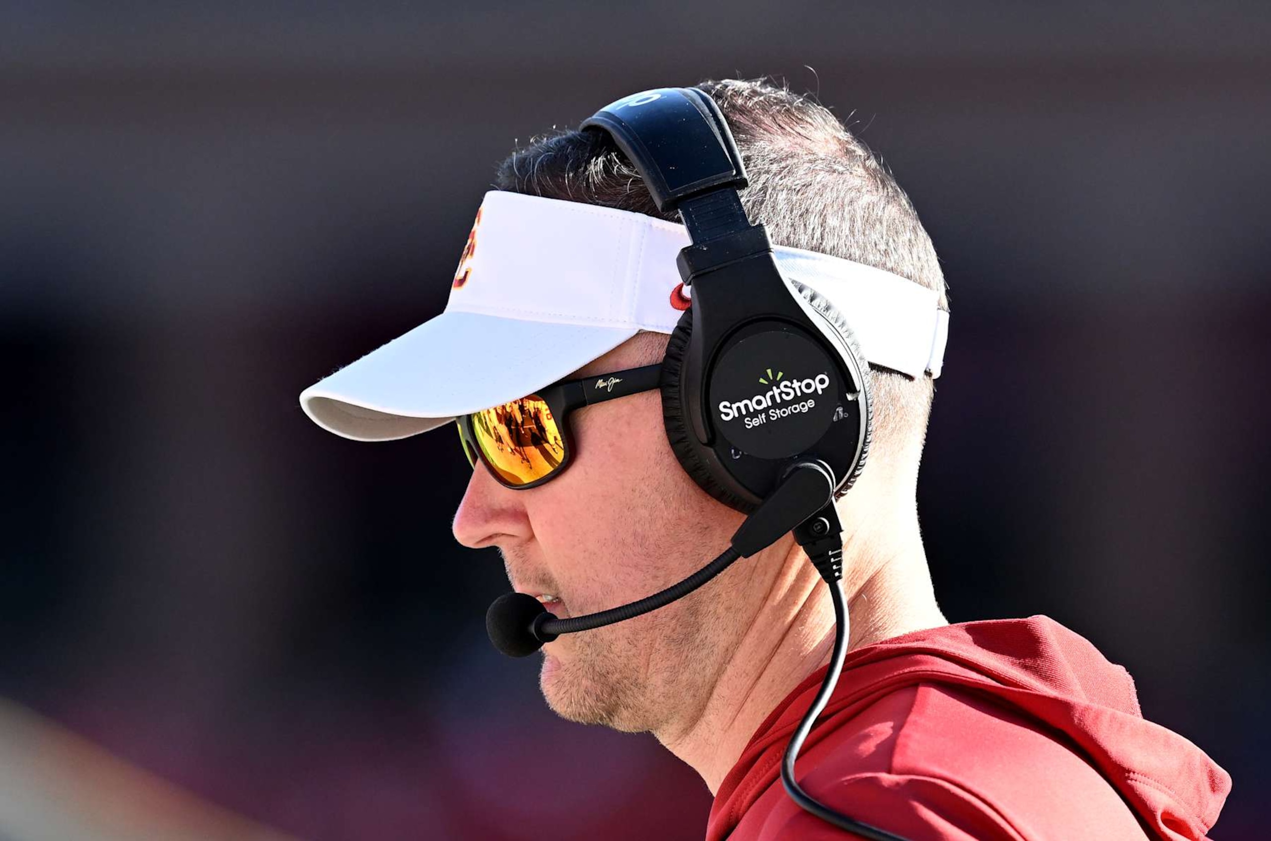 COLLEGE PARK, MARYLAND - OCTOBER 19: Head coach Lincoln Riley of the USC Trojans watches the game against the Maryland Terrapins at SECU Stadium on October 19, 2024 in College Park, Maryland. (Photo by G Fiume/Getty Images)