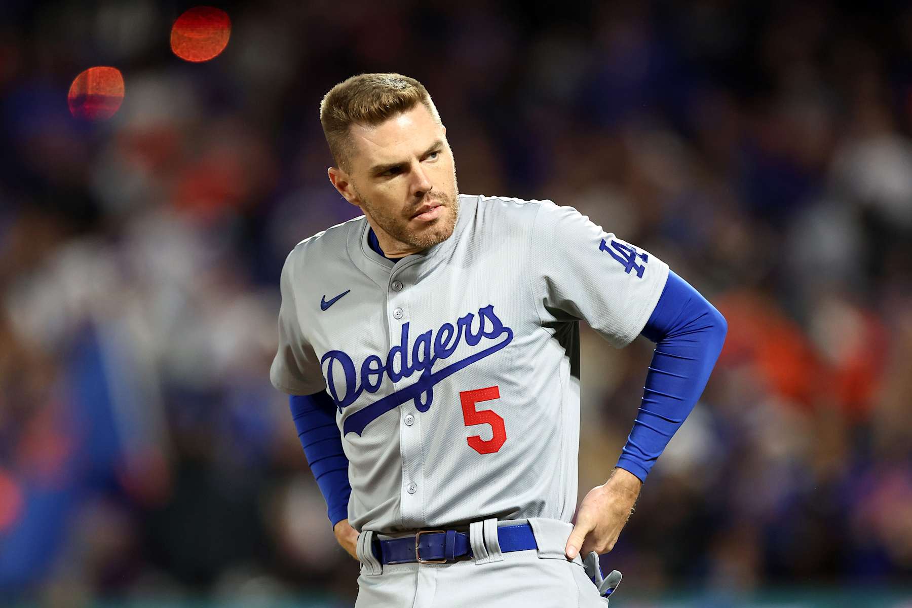 NEW YORK, NEW YORK - OCTOBER 16: Freddie Freeman #5 of the Los Angeles Dodgers in action against the New York Mets in Game Three of the Championship Series at Citi Field on October 16, 2024 in the Queens borough of New York City. (Photo by Luke Hales/Getty Images)