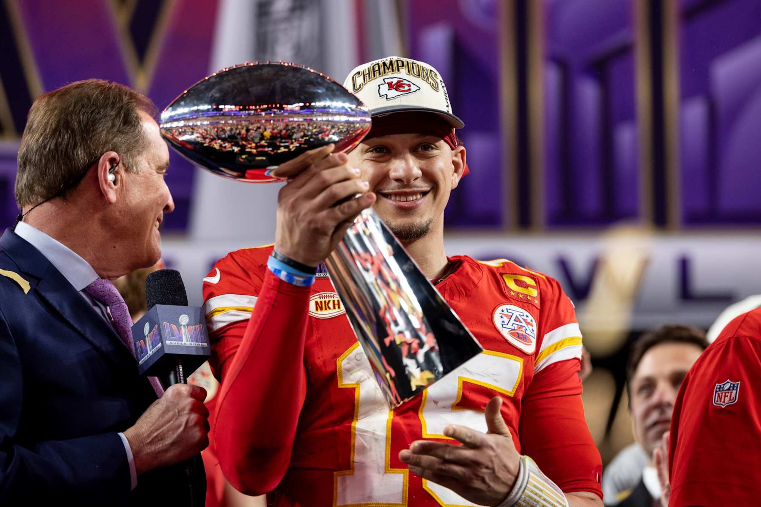LAS VEGAS, NEVADA - FEBRUARY 11: Patrick Mahomes #15 of the Kansas City Chiefs celebrates with the Vince Lombardi Trophy following the NFL Super Bowl 58 football game between the San Francisco 49ers and the Kansas City Chiefs at Allegiant Stadium on February 11, 2024 in Las Vegas, Nevada. (Photo by Michael Owens/Getty Images)