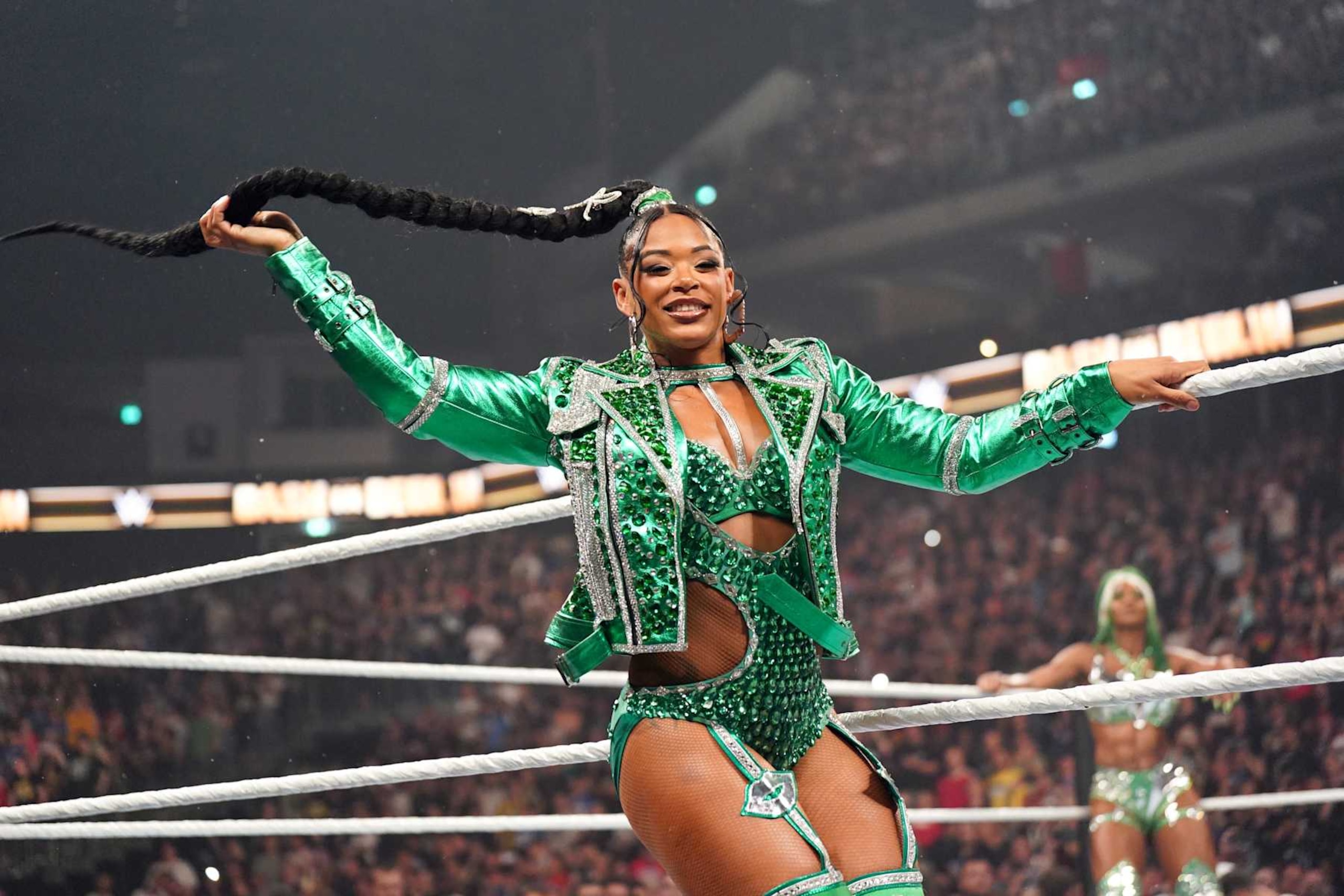 BERLIN, GERMANY - AUGUST 31: Bianca Belair makes her entrance during the WWE Bash in Berlin Premium Live Event at Uber Arena on August 31, 2024 in Berlin, Berlin.  (Photo by WWE/Getty Images)