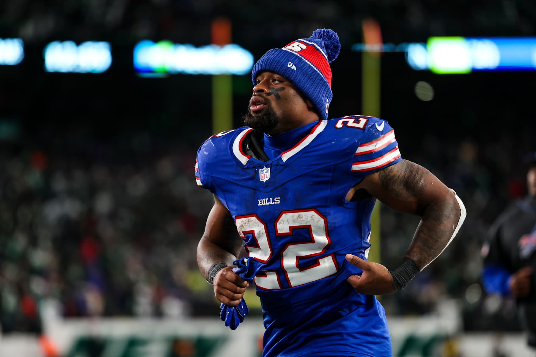 EAST RUTHERFORD, NJ - OCTOBER 14: Ray Davis #22 of the Buffalo Bills runs off of the field during an NFL football game against the New York Jets at MetLife Stadium on October 14, 2024 in East Rutherford, NJ. (Photo by Perry Knotts/Getty Images)