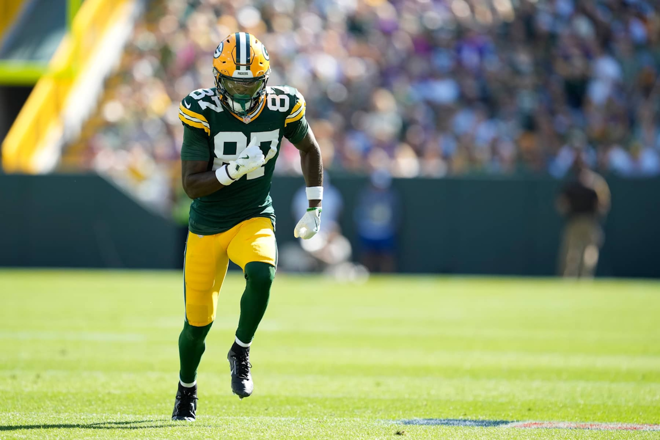 GREEN BAY, WISCONSIN - SEPTEMBER 29: Romeo Doubs #87 of the Green Bay Packers in action against the Minnesota Vikings in the second half at Lambeau Field on September 29, 2024 in Green Bay, Wisconsin. (Photo by Patrick McDermott/Getty Images)