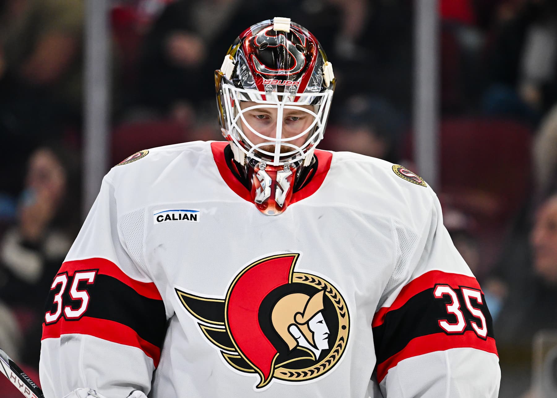 MONTREAL, CANADA - OCTOBER 12: Linus Ullmark #35 of the Ottawa Senators skates during the second period against the Montreal Canadiens at the Bell Centre on October 12, 2024 in Montreal, Quebec, Canada. The Montreal Canadiens defeated the Ottawa Senators 4-1. (Photo by Minas Panagiotakis/Getty Images)