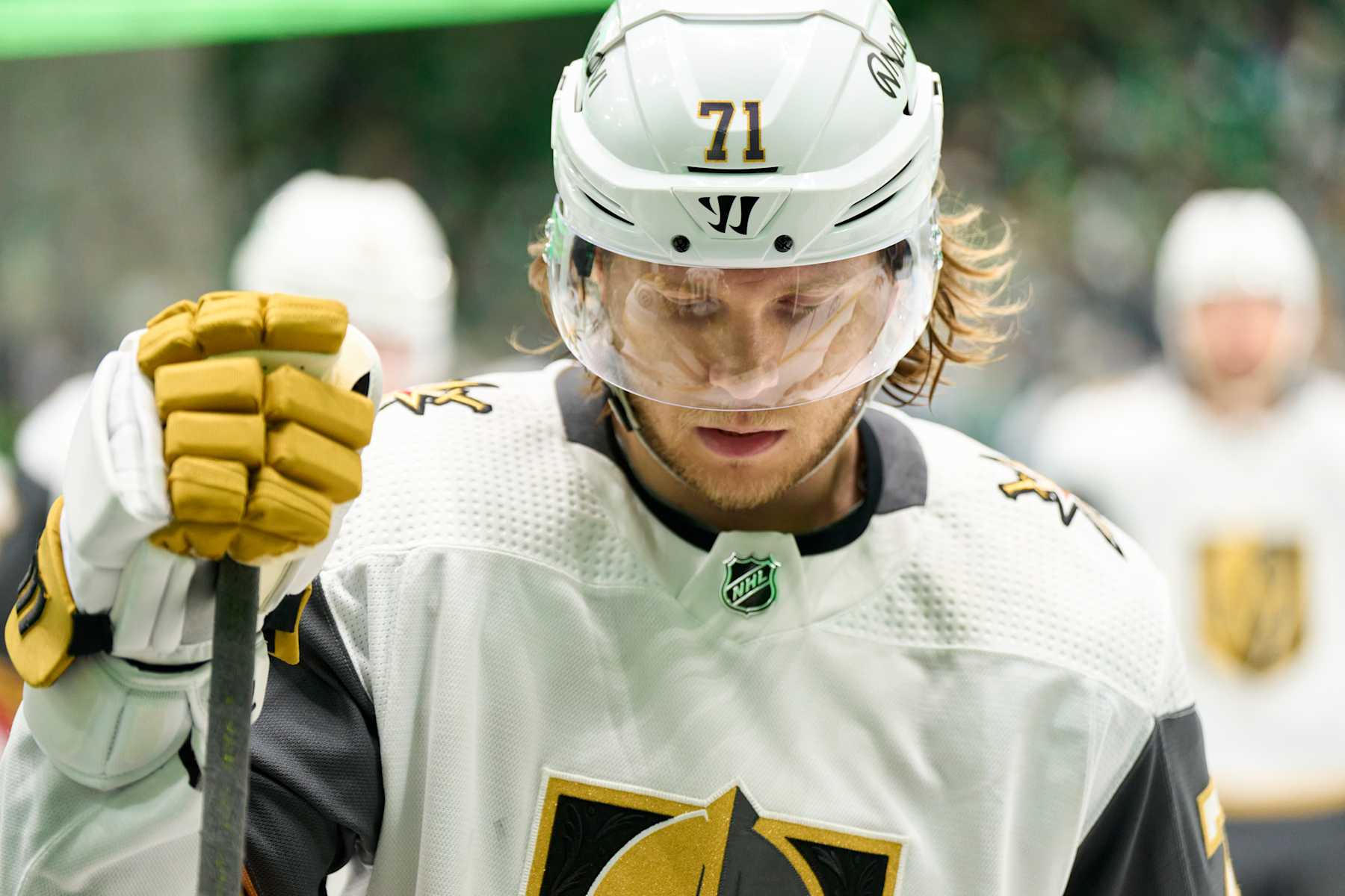 DALLAS, TEXAS - MAY 05: William Karlsson #71 of the Vegas Golden Knights skates off the ice between periods against the Dallas Stars in Game Seven of the First Round of the 2024 Stanley Cup Playoffs at the American Airlines Center on May 5, 2024 in Dallas, Texas. (Photo by Cooper Neill/Getty Images)