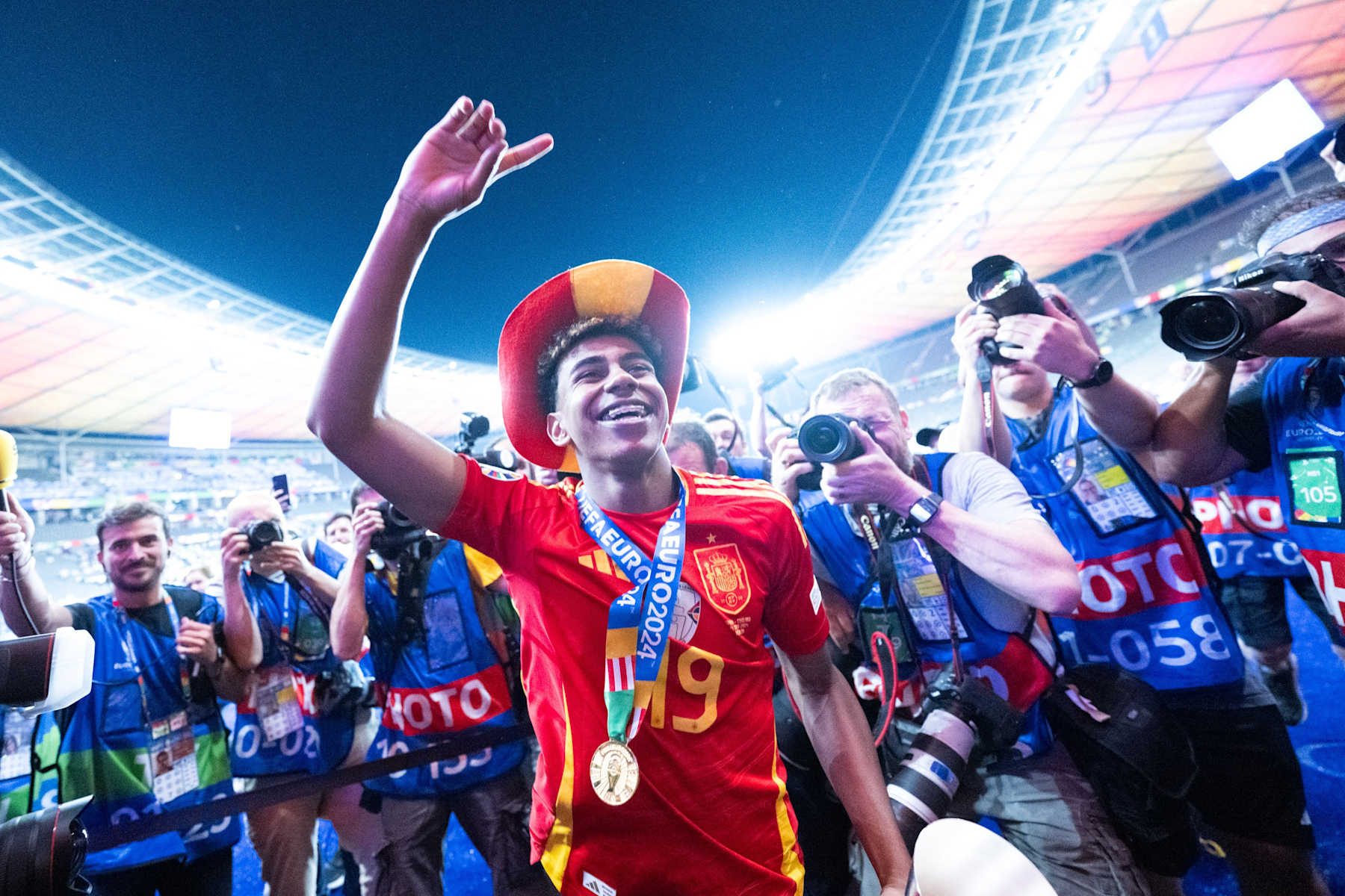 Lamine Yamal of Spain celebrates after the UEFA Euro 2024 final match between England and Spain in Berlin, Germany, July 14, 2024. (Photo by Xiao Yijiu/Xinhua via Getty Images)