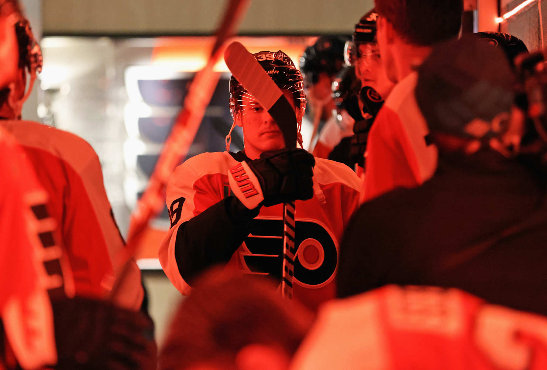 PHILADELPHIA, PENNSYLVANIA - OCTOBER 22: Matvei Michkov #39 of the Philadelphia Flyers walks through the hallway leading to the ice surface for warmups prior to his game against the Washington Capitals at the Wells Fargo Center on October 22, 2024 in Philadelphia, Pennsylvania. (Photo by Len Redkoles/NHLI via Getty Images)