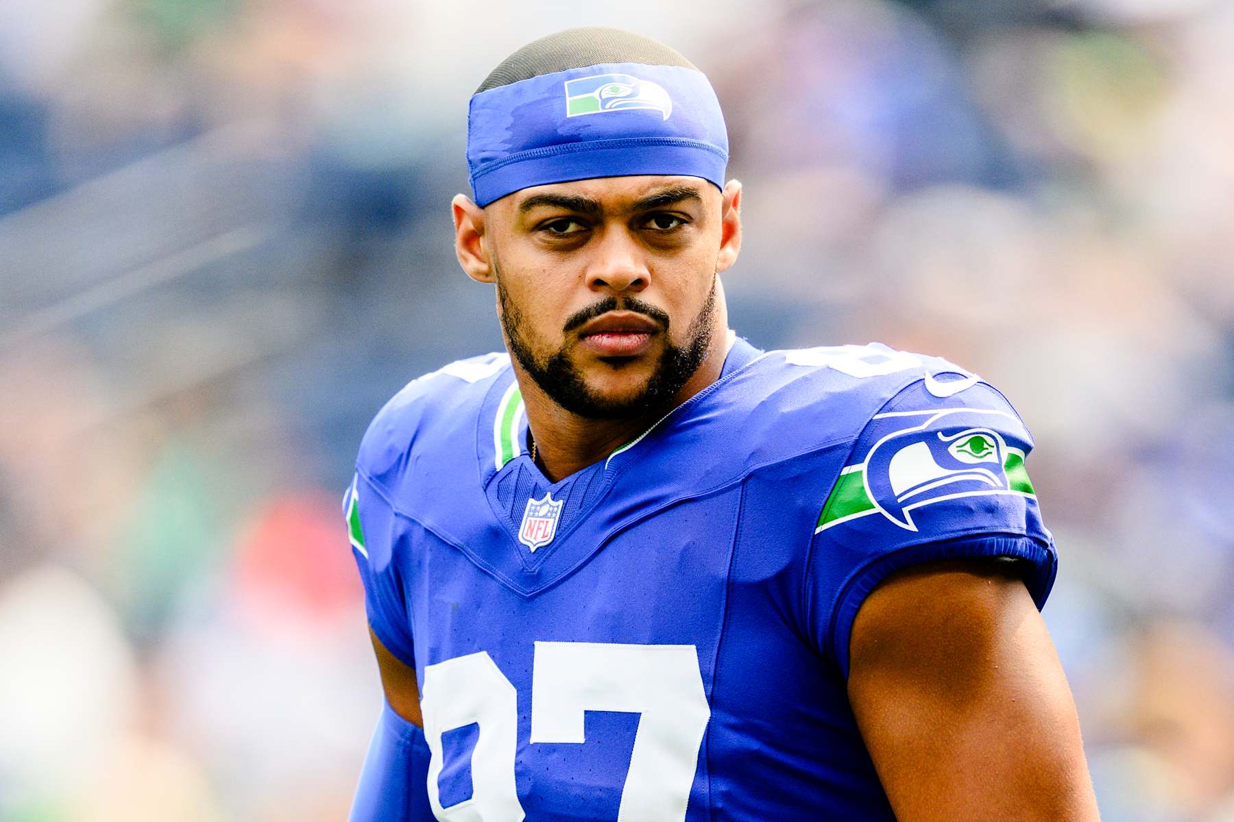 SEATTLE, WASHINGTON - SEPTEMBER 08: Noah Fant #87 of the Seattle Seahawks looks on prior to the game against the Denver Broncos at Lumen Field on September 08, 2024 in Seattle, Washington. (Photo by Jane Gershovich/Getty Images)