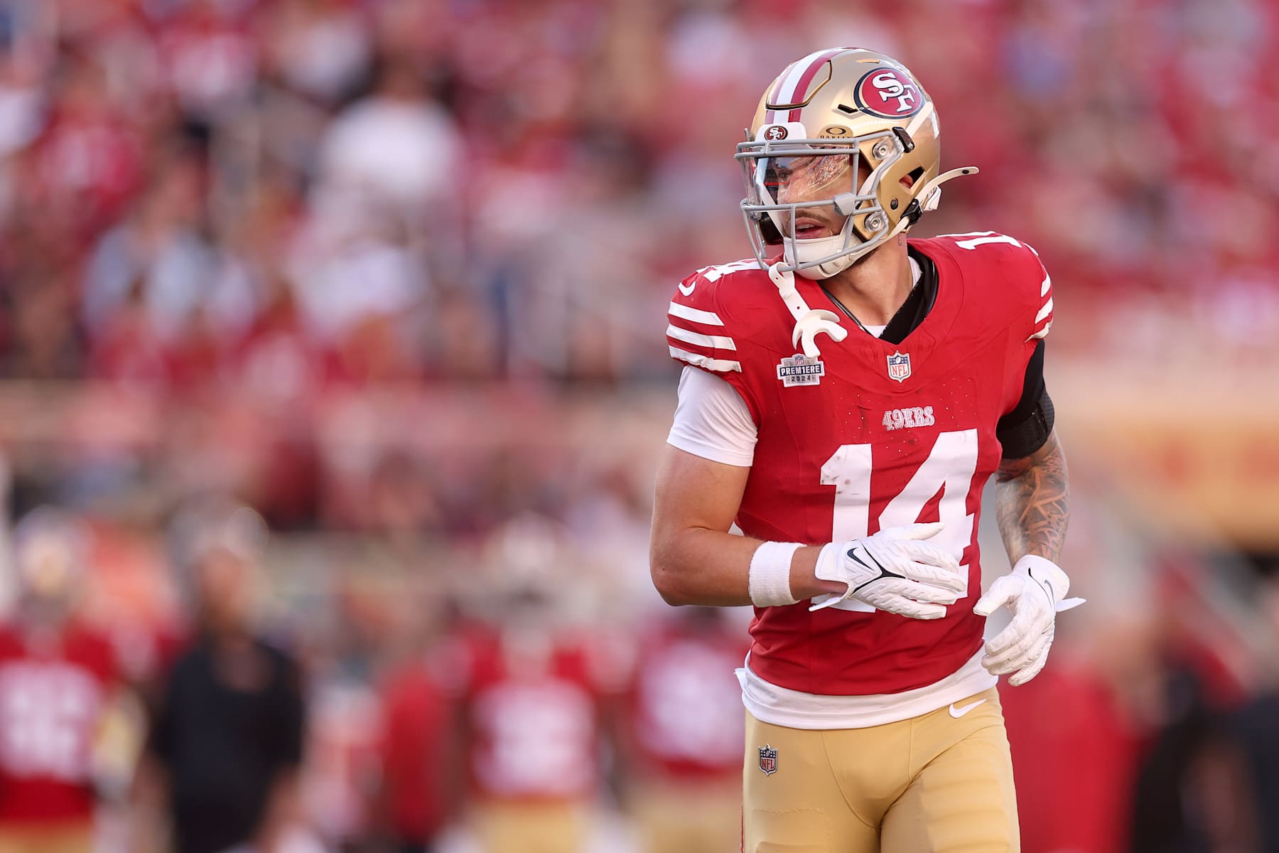 SANTA CLARA, CALIFORNIA - OCTOBER 20: Ricky Pearsall #14 of the San Francisco 49ers takes the field for their game against the Kansas City Chiefs at Levi's Stadium on October 20, 2024 in Santa Clara, California. (Photo by Ezra Shaw/Getty Images)