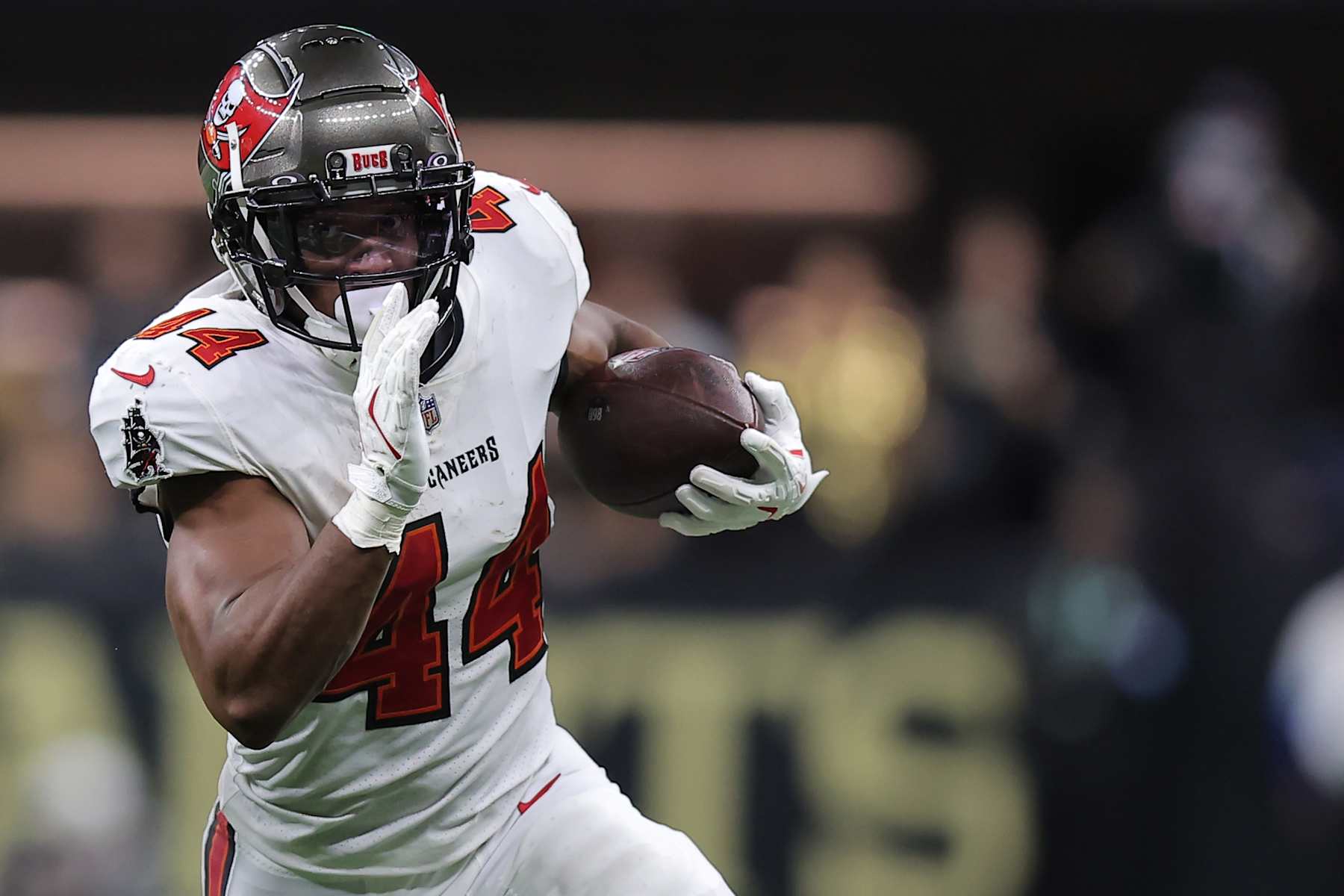 NEW ORLEANS, LOUISIANA - OCTOBER 13: Sean Tucker #44 of the Tampa Bay Buccaneers runs with the ball against the New Orleans Saints during a game at Caesars Superdome on October 13, 2024 in New Orleans, Louisiana. (Photo by Jonathan Bachman/Getty Images)