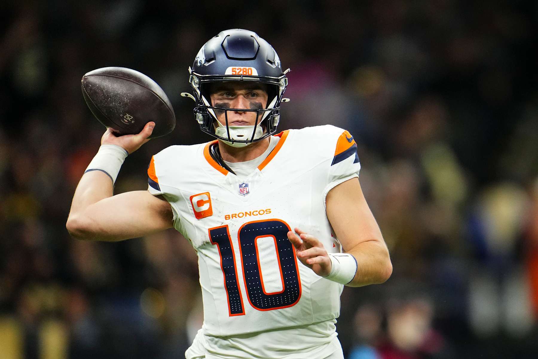 NEW ORLEANS, LA - OCTOBER 17: Bo Nix #10 of the Denver Broncos throws the ball during an NFL football game against the New Orleans Saints at Caesars Superdome on October 17, 2024 in New Orleans, Louisiana. (Photo by Cooper Neill/Getty Images)