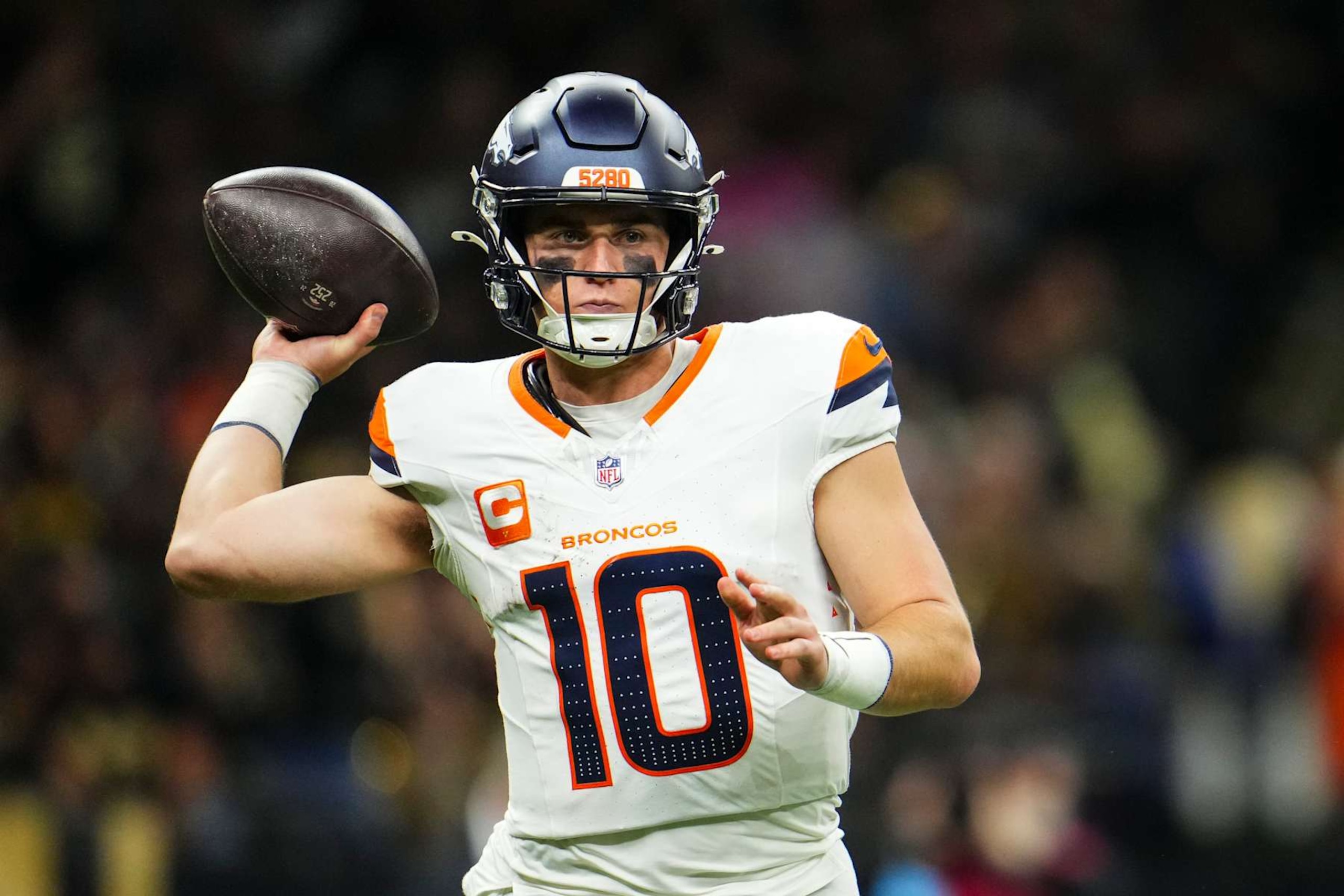 NEW ORLEANS, LA - OCTOBER 17: Bo Nix #10 of the Denver Broncos throws the ball during an NFL football game against the New Orleans Saints at Caesars Superdome on October 17, 2024 in New Orleans, Louisiana. (Photo by Cooper Neill/Getty Images)