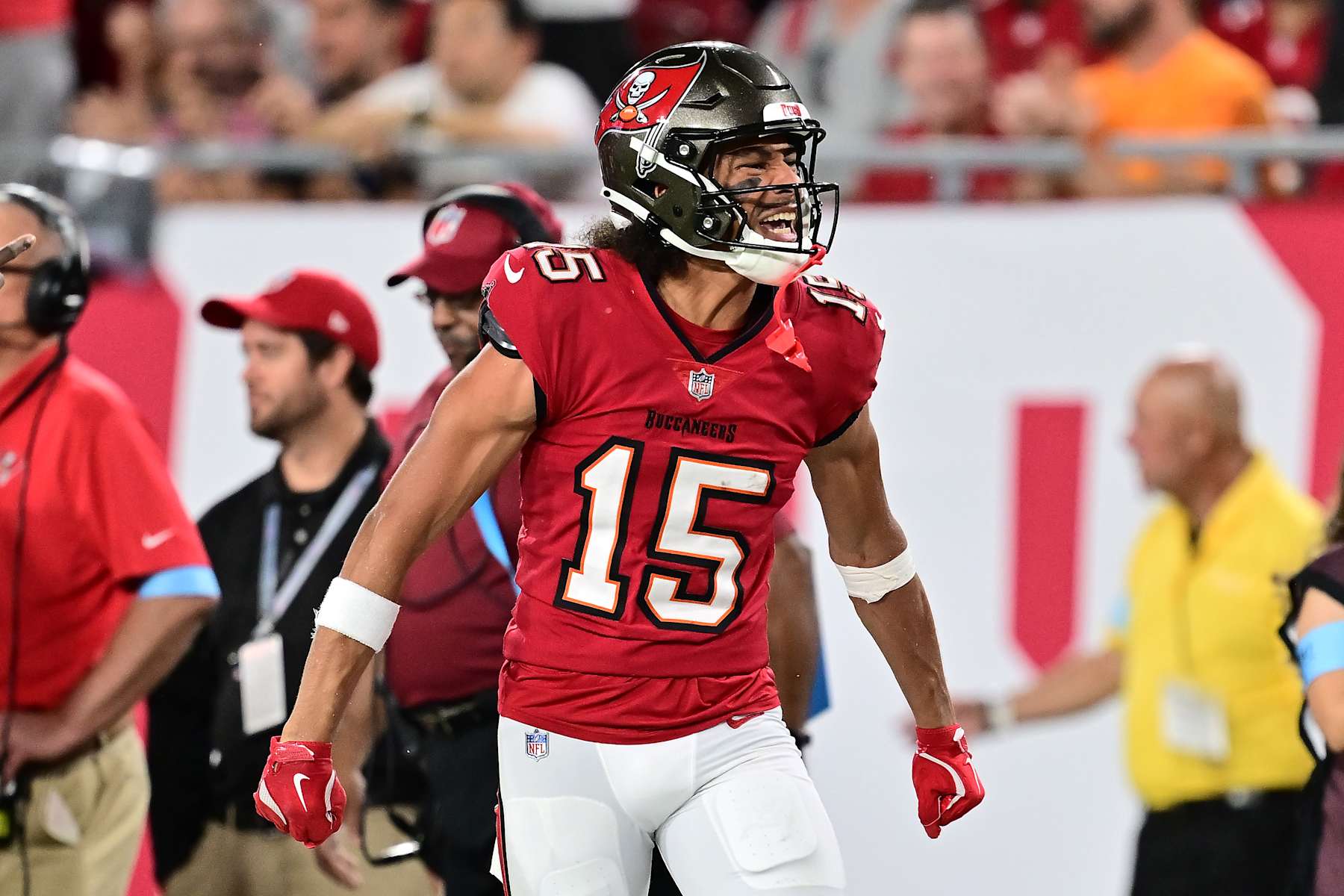 TAMPA, FLORIDA - OCTOBER 21: Jalen McMillan #15 of the Tampa Bay Buccaneers reacts after making a first down during the first quarter against the Baltimore Ravens at Raymond James Stadium on October 21, 2024 in Tampa, Florida. (Photo by Julio Aguilar/Getty Images)