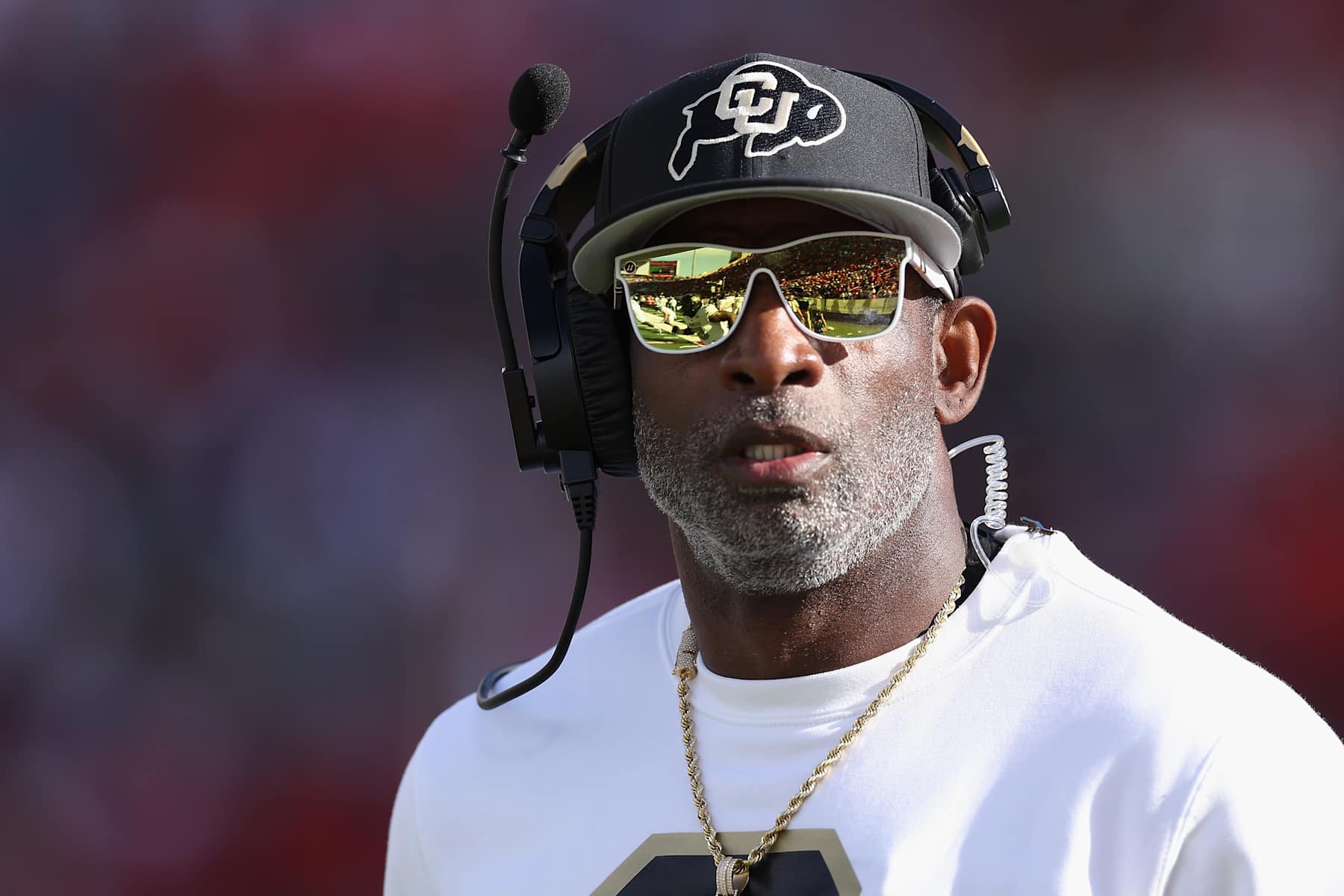 TUCSON, ARIZONA - OCTOBER 19: Head coach Deion Sanders of the Colorado Buffaloes watches from the sidelines during the second half of the NCAAF game against the Arizona Wildcats at Arizona Stadium on October 19, 2024 in Tucson, Arizona.  (Photo by Christian Petersen/Getty Images)