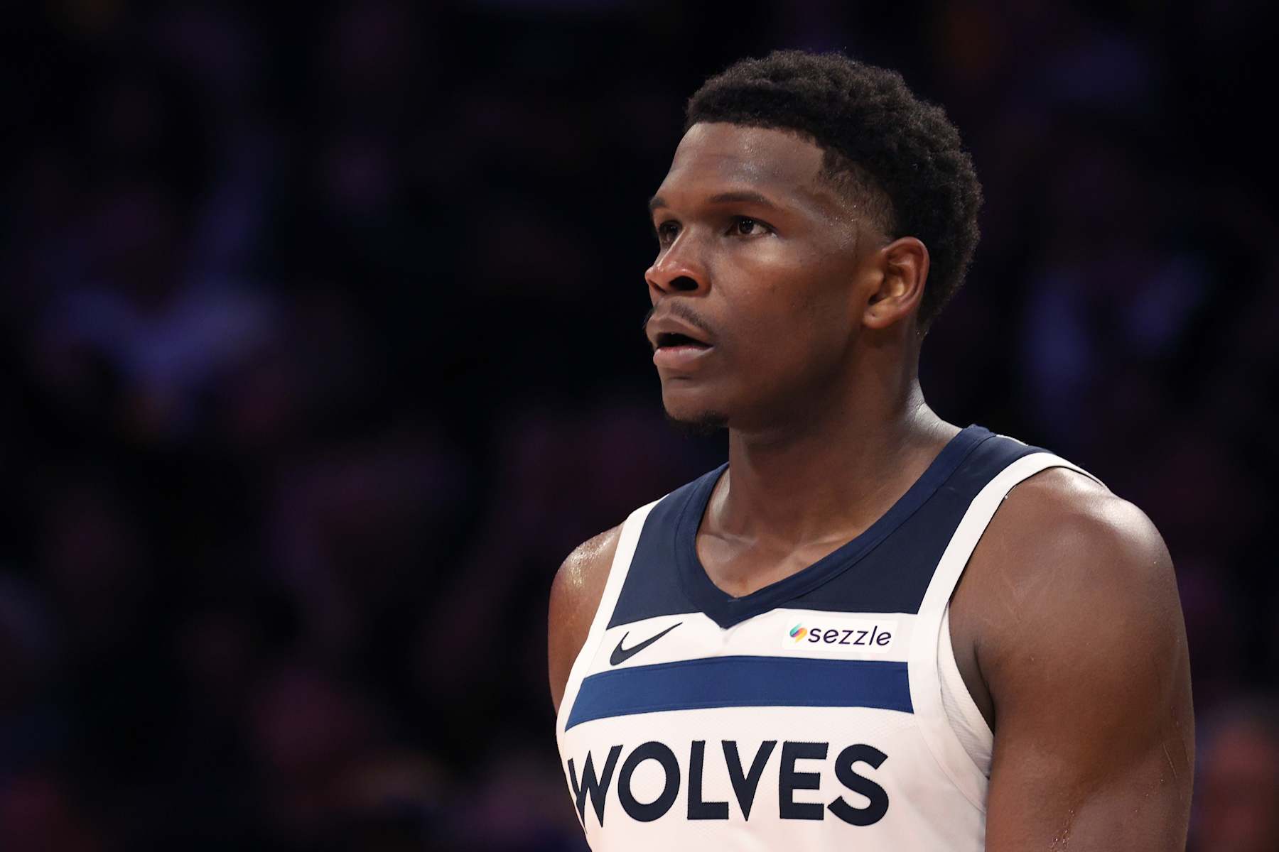 LOS ANGELES, CALIFORNIA - OCTOBER 22: Anthony Edwards #5 of the Minnesota Timberwolves looks on during the second quarter against the Los Angeles Lakers at Crypto.com Arena on October 22, 2024 in Los Angeles, California. (Photo by Harry How/Getty Images)