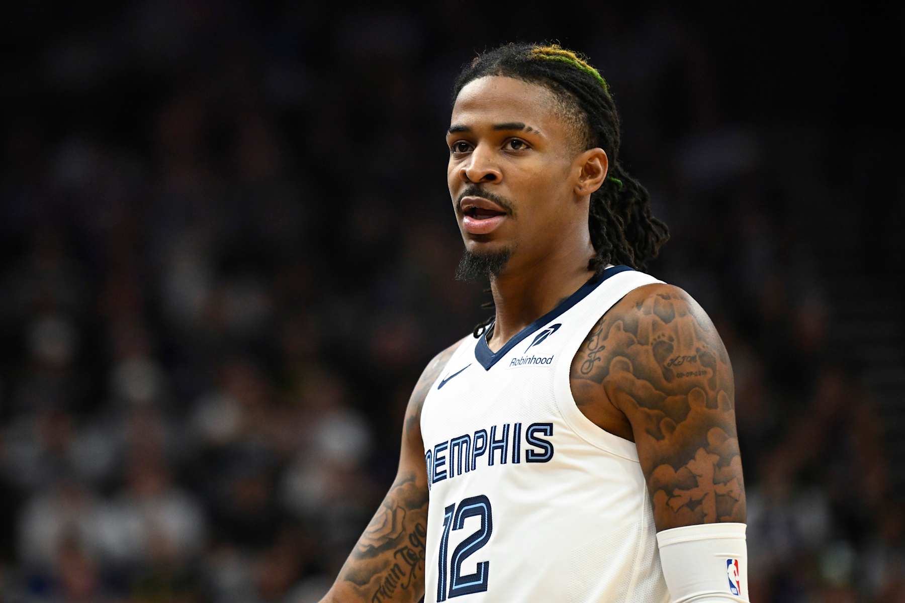 SALT LAKE CITY, UTAH - OCTOBER 23: Ja Morant #12 of the Memphis Grizzlies reacts during the first quarter of the game against the Utah Jazz at Delta Center on October 23, 2024 in Salt Lake City, Utah. NOTE TO USER: User expressly acknowledges and agrees that, by downloading and or using this photograph, User is consenting to the terms and conditions of the Getty Images License Agreement. (Photo by Alex Goodlett/Getty Images)
