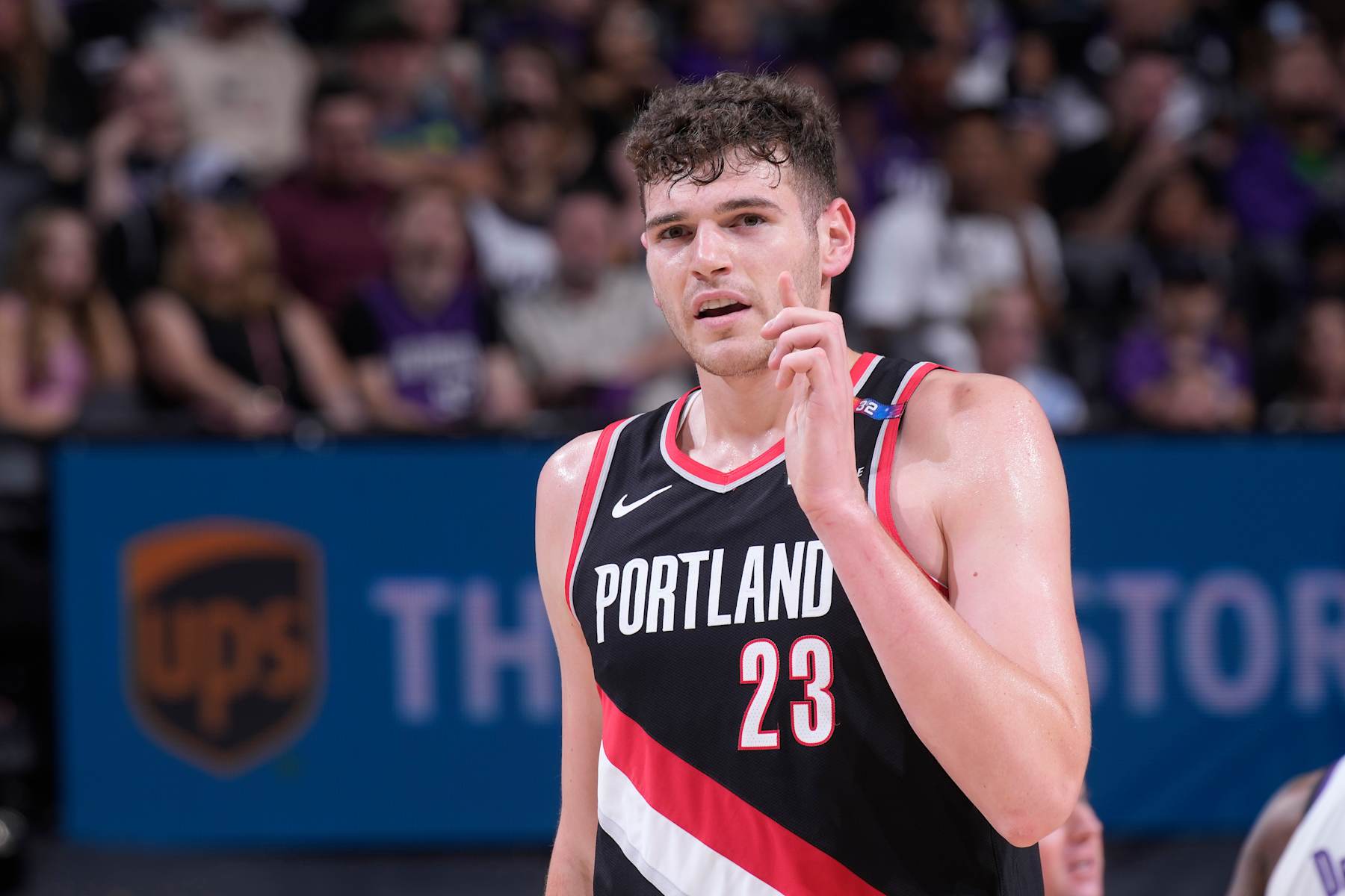 SACRAMENTO, CA - OCTOBER 13: Donovan Clingan #23 of the Portland Trail Blazers looks on during the game against the Sacramento Kings during a NBA preseason game on October 13, 2024 at Golden 1 Center in Sacramento, California. NOTE TO USER: User expressly acknowledges and agrees that, by downloading and or using this photograph, User is consenting to the terms and conditions of the Getty Images Agreement. Mandatory Copyright Notice: Copyright 2024 NBAE (Photo by Rocky Widner/NBAE via Getty Images)