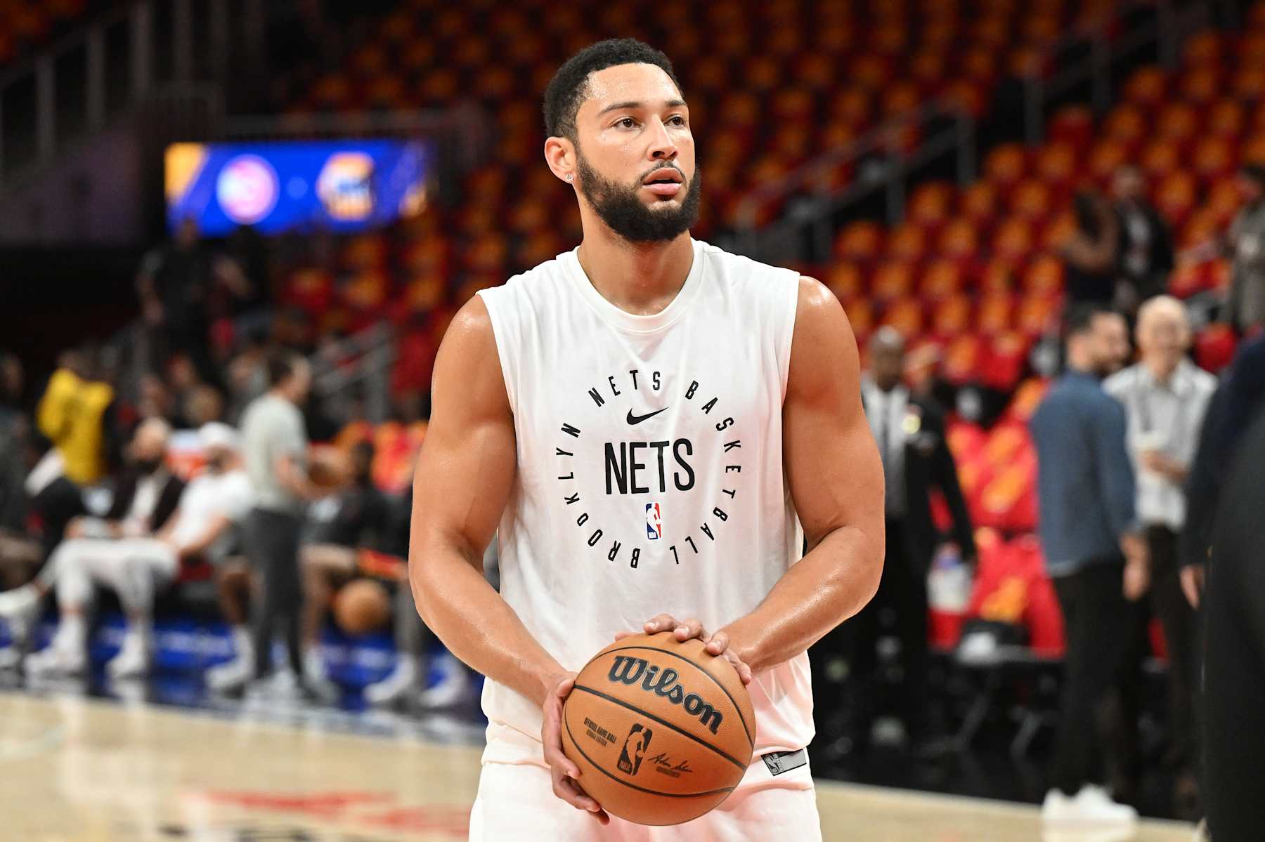 ATLANTA, GEORGIA - OCTOBER 23: Ben Simmons #10 of the Brooklyn Nets warms up prior to a game against the Atlanta Hawks at State Farm Arena on October 23, 2024 in Atlanta, Georgia. NOTE TO USER: User expressly acknowledges and agrees that, by downloading and or using this photograph, User is consenting to the terms and conditions of the Getty Images License Agreement. (Photo by Paras Griffin/Getty Images)