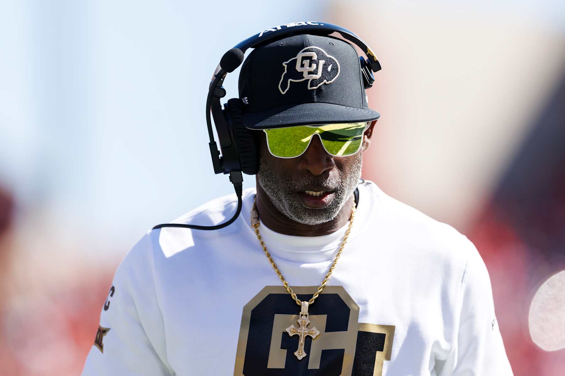 TUCSON, ARIZONA - OCTOBER 19: Deion Sanders of the Colorado Buffaloes on the sideline during the first half against Arizona Wildcats at Arizona Stadium on October 19, 2024 in Tucson, Arizona. (Photo by Ric Tapia/Getty Images)