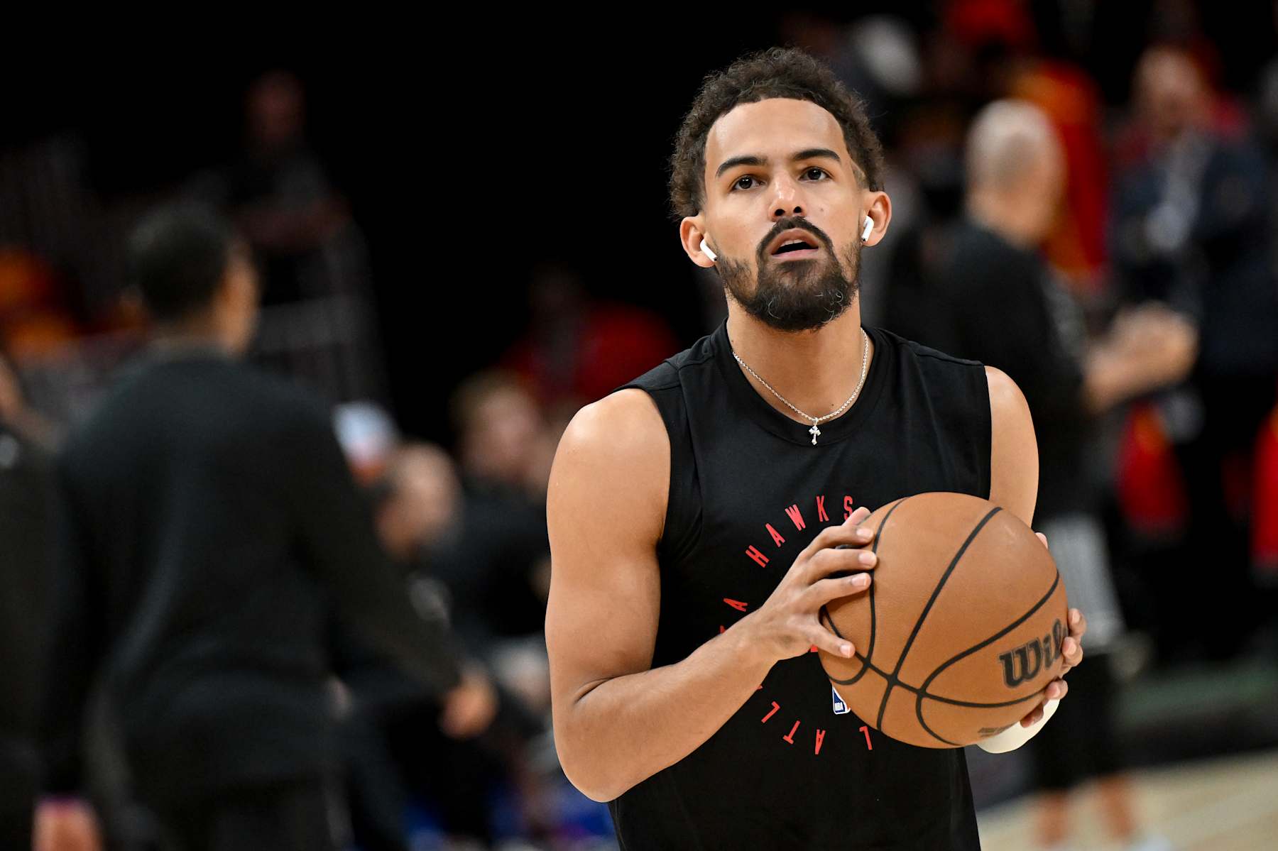 ATLANTA, GEORGIA - OCTOBER 23: Trae Young #11 of the Atlanta Hawks warms up prior to playing the Brooklyn Nets at State Farm Arena on October 23, 2024 in Atlanta, Georgia. NOTE TO USER: User expressly acknowledges and agrees that, by downloading and or using this photograph, User is consenting to the terms and conditions of the Getty Images License Agreement. (Photo by Paras Griffin/Getty Images)
