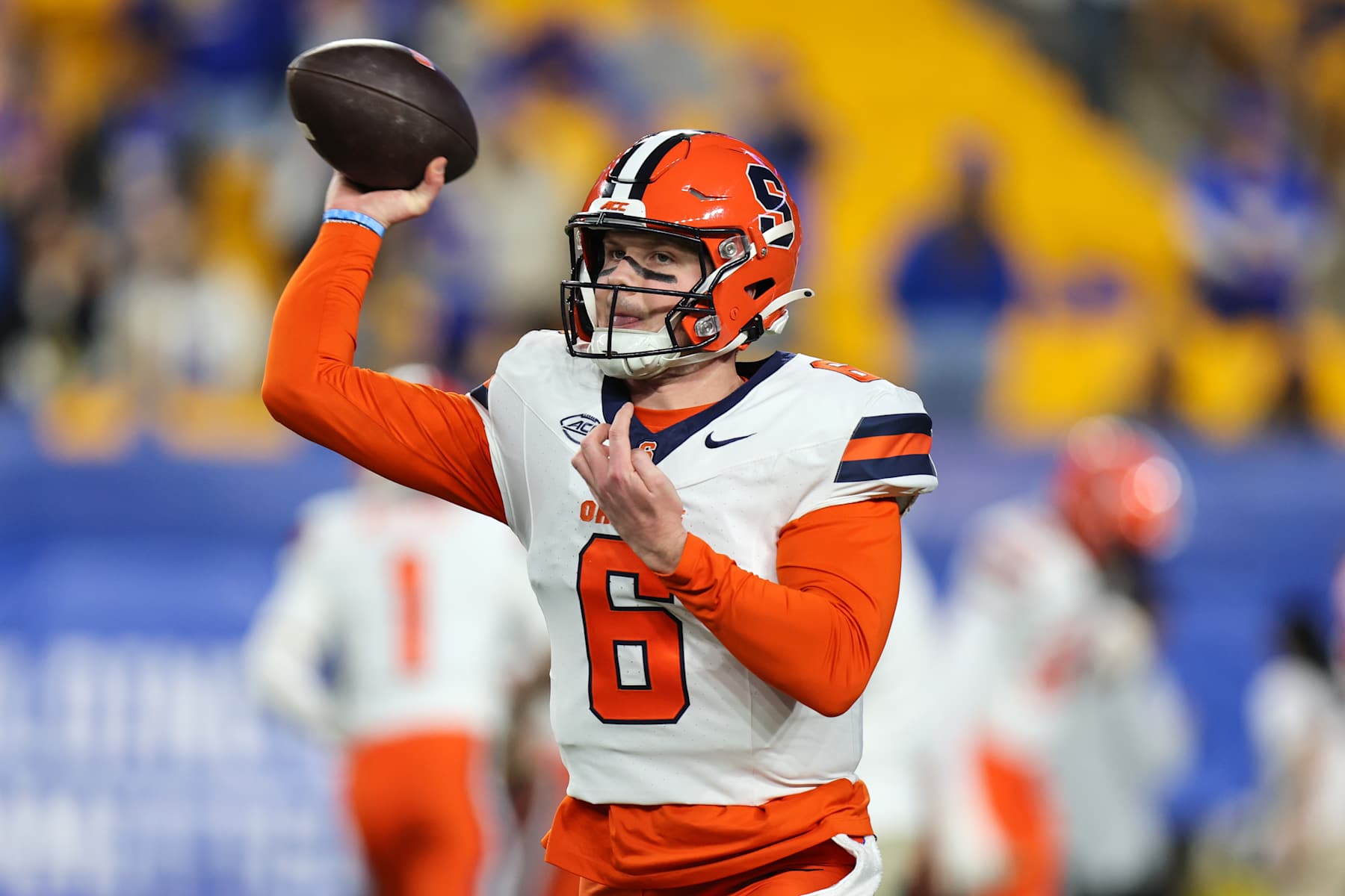 PITTSBURGH, PA - OCTOBER 24: Syracuse Orange quarterback Kyle McCord (6) warms up prior to the college football game between the Syracuse Orange and Pittsburgh Panthers on October 24, 2024, at Acrisure Stadium in Pittsburgh, PA. (Photo by Frank Jansky/Icon Sportswire via Getty Images)