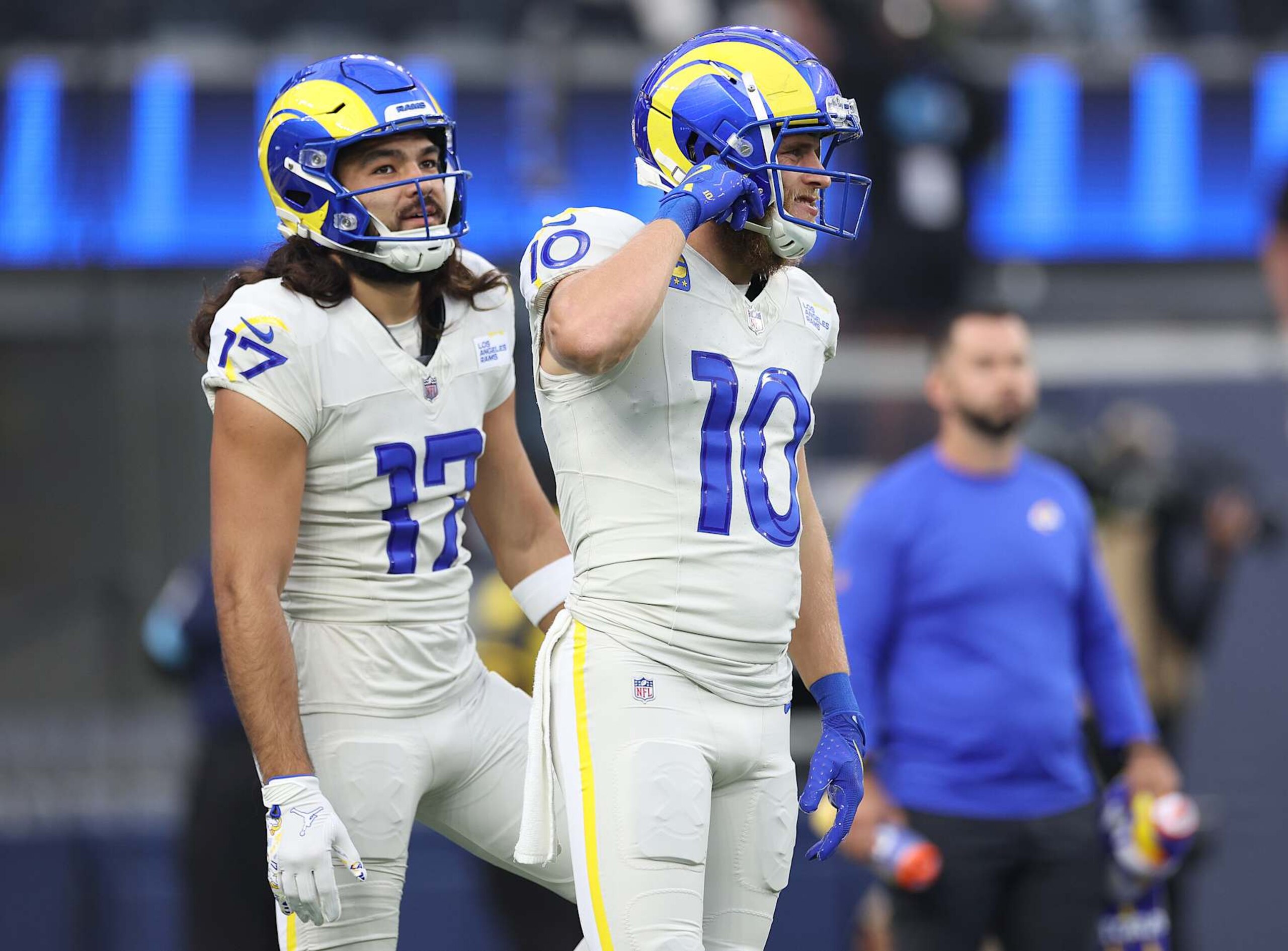 INGLEWOOD, CALIFORNIA - OCTOBER 24: Puka Nacua #17 of the Los Angeles Rams and Cooper Kupp #10 before a game against the Minnesota Vikings at SoFi Stadium on October 24, 2024 in Inglewood, California. (Photo by Harry How/Getty Images)