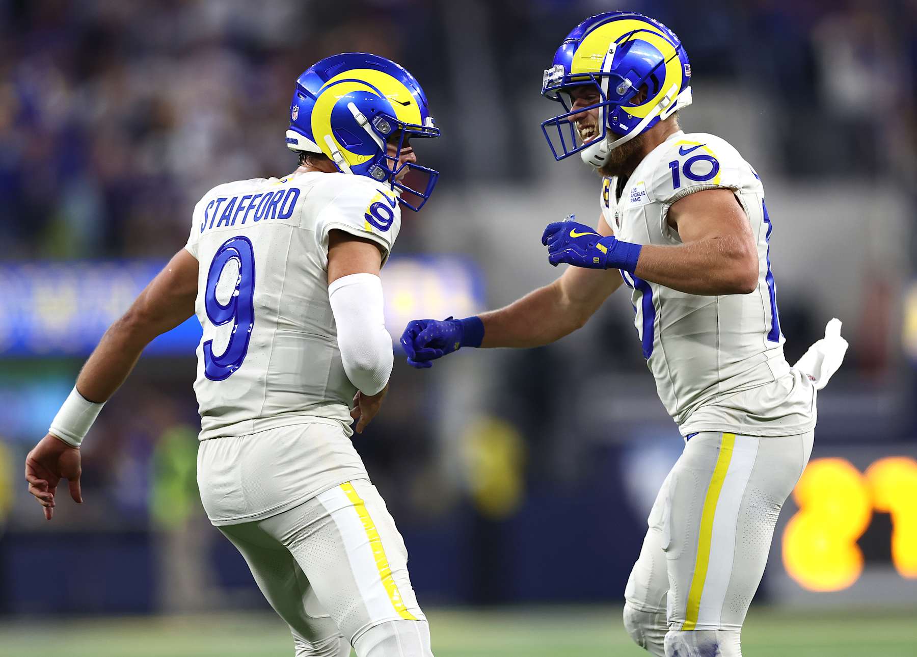 INGLEWOOD, CALIFORNIA - OCTOBER 24: Matt Stafford #9 celebrates a touchdown with Cooper Kupp #10 of the Los Angeles Rams against the Minnesota Vikings in the second quarter at SoFi Stadium on October 24, 2024 in Inglewood, California. (Photo by Katelyn Mulcahy/Getty Images)