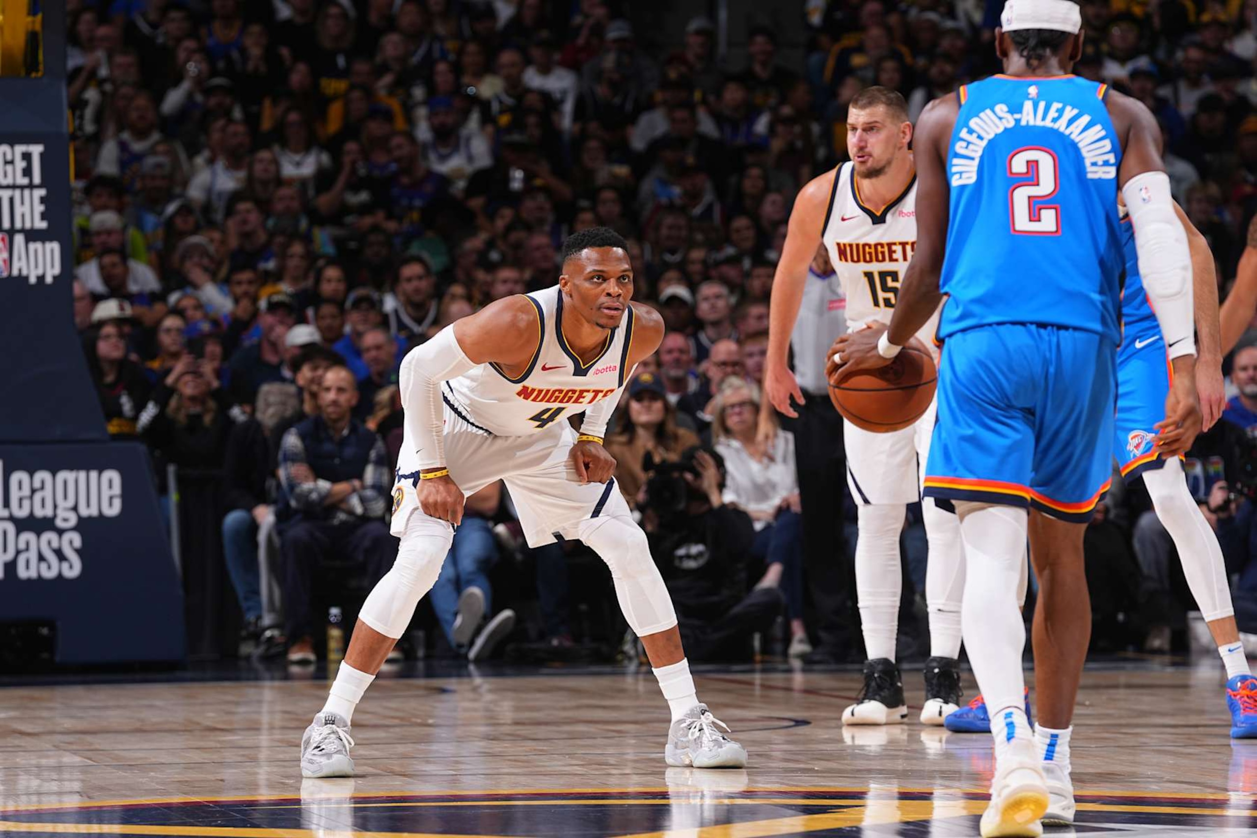 DENVER, CO - OCTOBER 24: Russell Westbrook #4 of the Denver Nuggets plays defense during the game against the Oklahoma City Thunder on October 24, 2024 at Ball Arena in Denver, Colorado. NOTE TO USER: User expressly acknowledges and agrees that, by downloading and/or using this Photograph, user is consenting to the terms and conditions of the Getty Images License Agreement. Mandatory Copyright Notice: Copyright 2024 NBAE (Photo by Bart Young/NBAE via Getty Images)