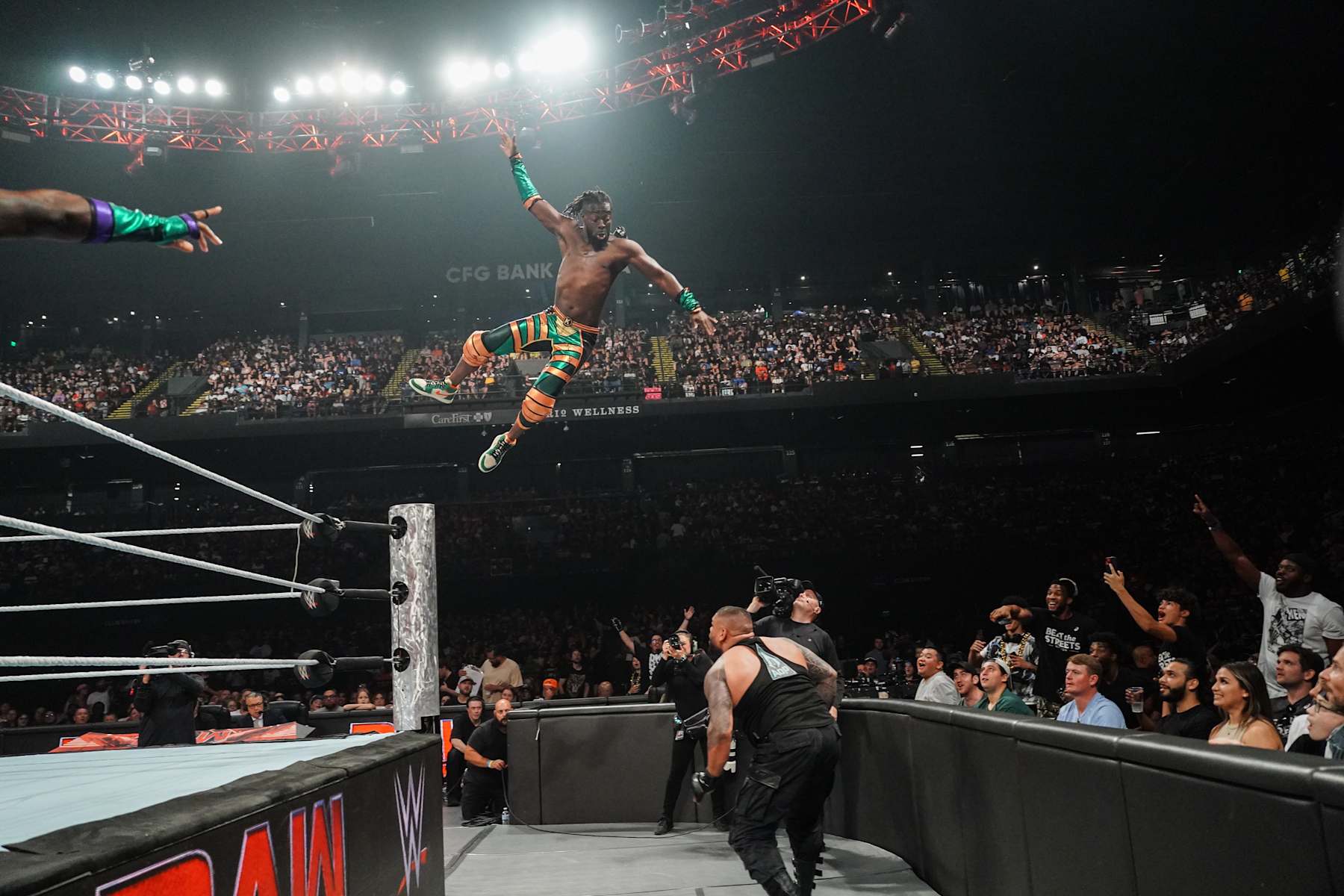 BALTIMORE, MARYLAND - AUGUST 5: Kofi Kingston in air against Akam during Monday Night RAW at CFG Bank Arena on August 5, 2024 in Baltimore, Maryland. (Photo by WWE/Getty Images)