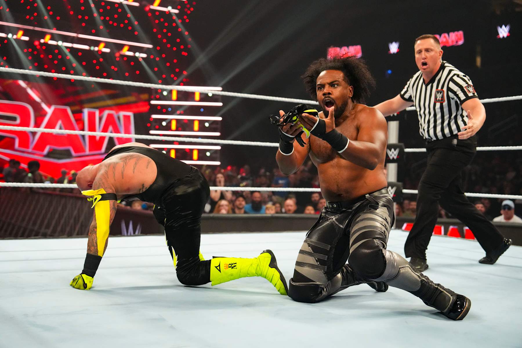 EVANSVILLE, INDIANA - SEPTEMBER 30: Xavier Woods unmasks Rey Mysterio during Monday night RAW at Ford Center on September 30, 2024 in Evansville, Indiana. (Photo by WWE/Getty Images)