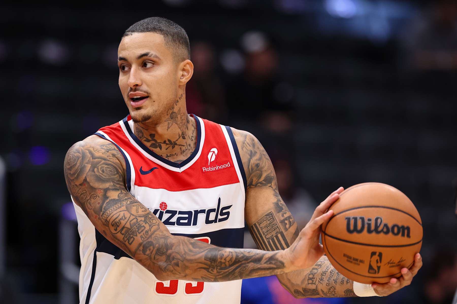 WASHINGTON, DC - OCTOBER 18: Kyle Kuzma #33 of the Washington Wizards warms up before the preseason game against the New York Knicks at Capital One Arena on October 18, 2024 in Washington, DC. NOTE TO USER: User expressly acknowledges and agrees that, by downloading and or using this photograph, User is consenting to the terms and conditions of the Getty Images License Agreement. (Photo by Scott Taetsch/Getty Images)