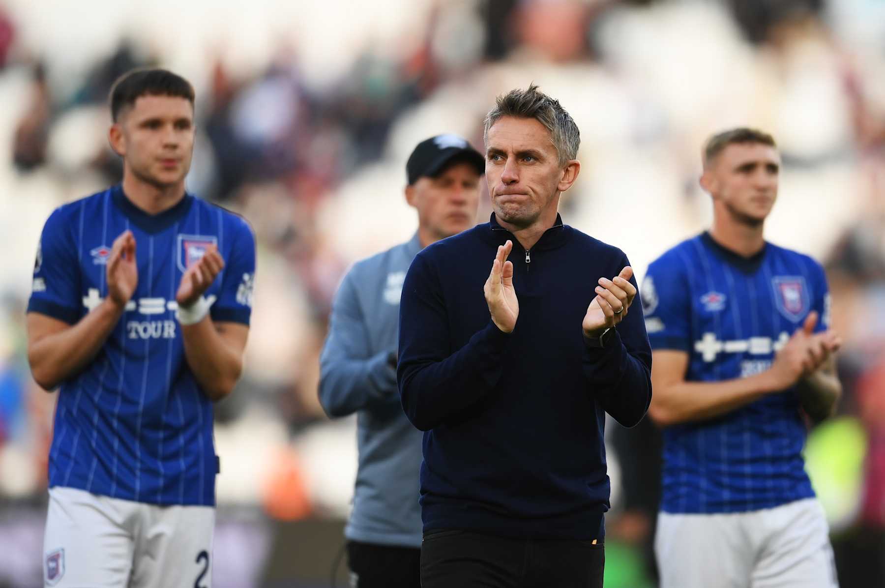 LONDON, ENGLAND - OCTOBER 05: Kieran McKenna, Manager of Ipswich Town, applauds fans following the Premier League match between West Ham United FC and Ipswich Town FC at London Stadium on October 05, 2024 in London, England. (Photo by Alex Broadway/Getty Images)