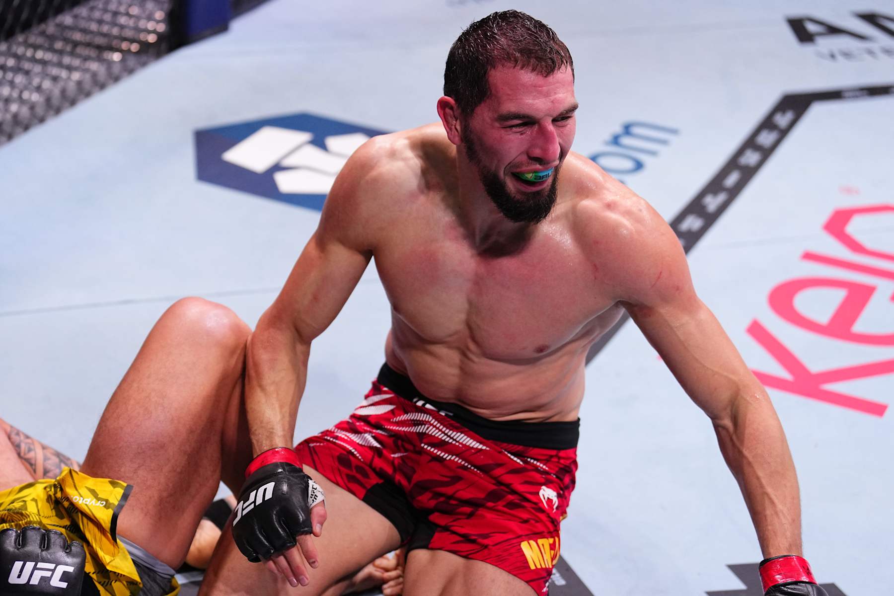 ABU DHABI, UNITED ARAB EMIRATES - OCTOBER 26: Abus Magomedov of Russia reacts after a submission victory against Brunno Ferreira of Brazil in a middleweight fight during the UFC 308 event at Etihad Arena on October 26, 2024 in Abu Dhabi, United Arab Emirates. (Photo by Chris Unger/Zuffa LLC)