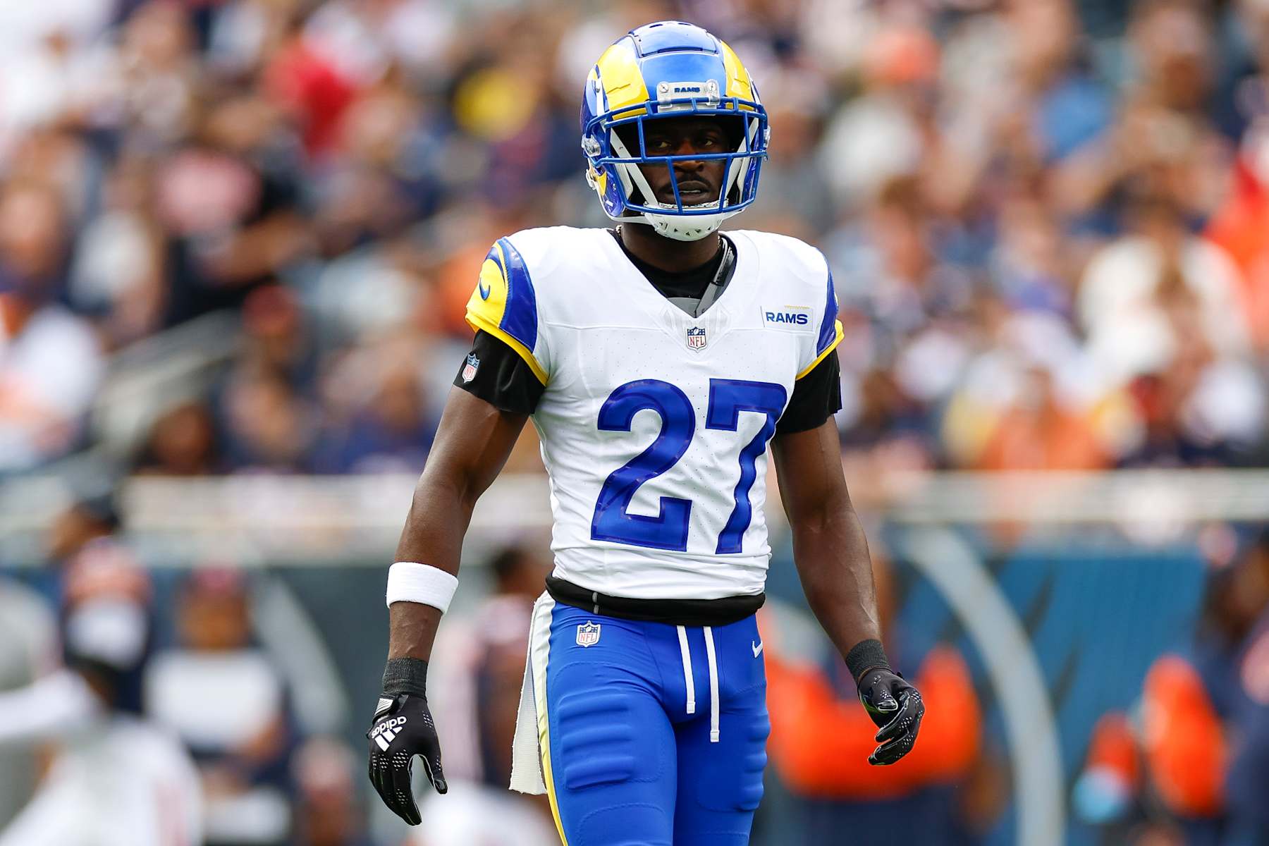 CHICAGO, ILLINOIS - SEPTEMBER 29: Tre'Davious White #27 of the Los Angeles Rams lines up in the secondary during the first half against the Chicago Bears at Soldier Field on September 29, 2024 in Chicago, Illinois. (Photo by Brandon Sloter/Getty Images)
