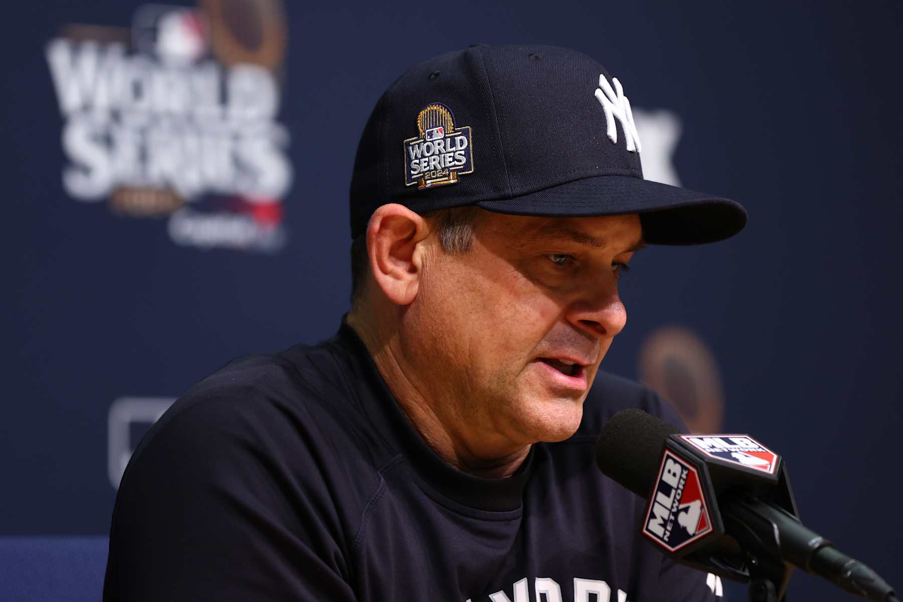 LOS ANGELES, CALIFORNIA - OCTOBER 25: Aaron Boone #17 of the New York Yankees speaks to media during a press conference ahead of Game One of the 2024 World Series at Dodger Stadium on October 25, 2024 in Los Angeles, California. (Photo by Maddie Meyer/Getty Images)