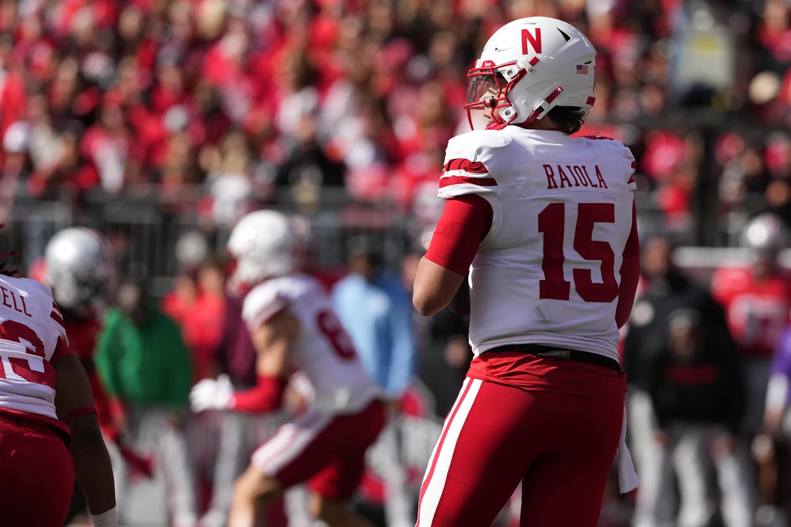COLUMBUS, OHIO - OCTOBER 26: Quarterback Dylan Raiola #15 of the Nebraska Cornhuskers looks to pass the ball during the first quarter against the Ohio State Buckeyes at Ohio Stadium on October 26, 2024 in Columbus, Ohio. (Photo by Jason Mowry/Getty Images)