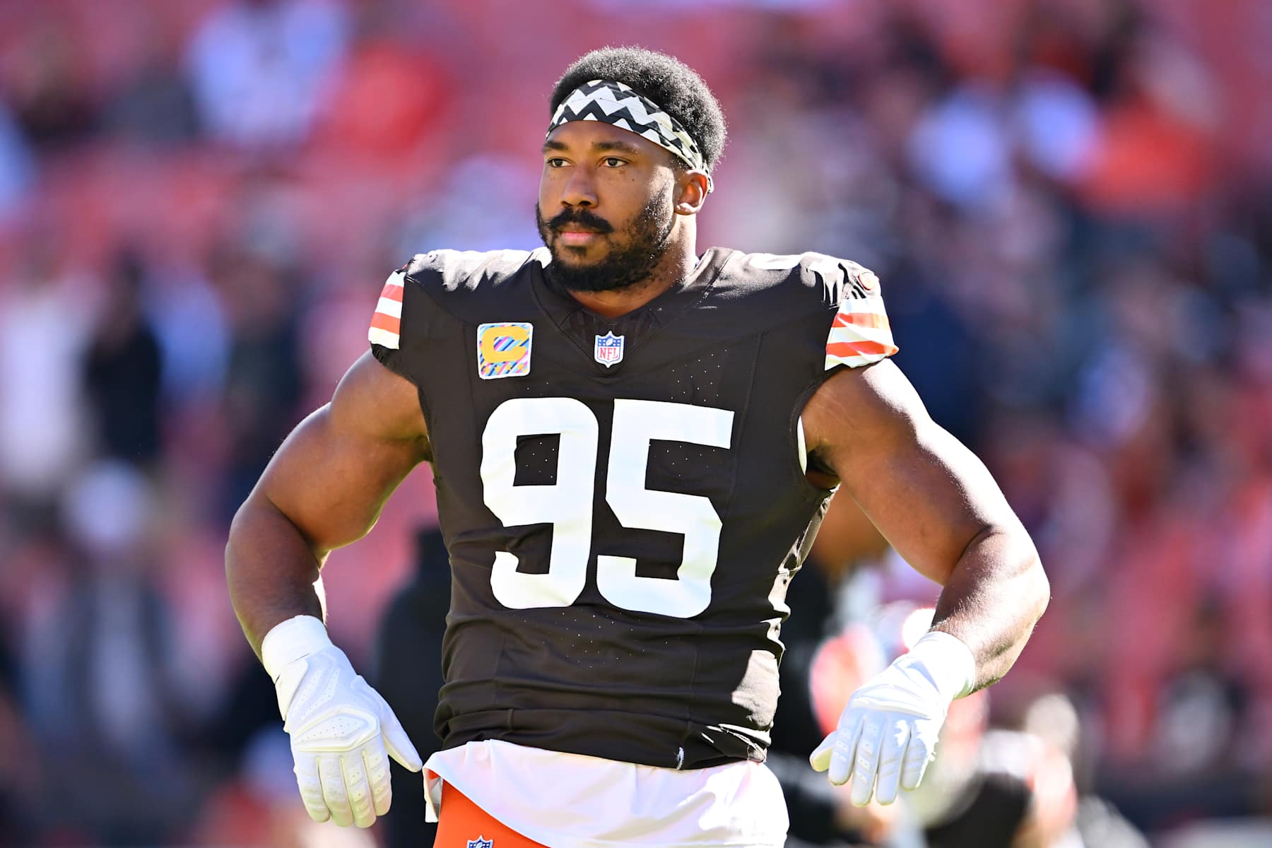 CLEVELAND, OHIO - OCTOBER 20: Myles Garrett #95 of the Cleveland Browns looks on during warmups before a game against the Cincinnati Bengals at Huntington Bank Field on October 20, 2024 in Cleveland, Ohio. (Photo by Jason Miller/Getty Images)