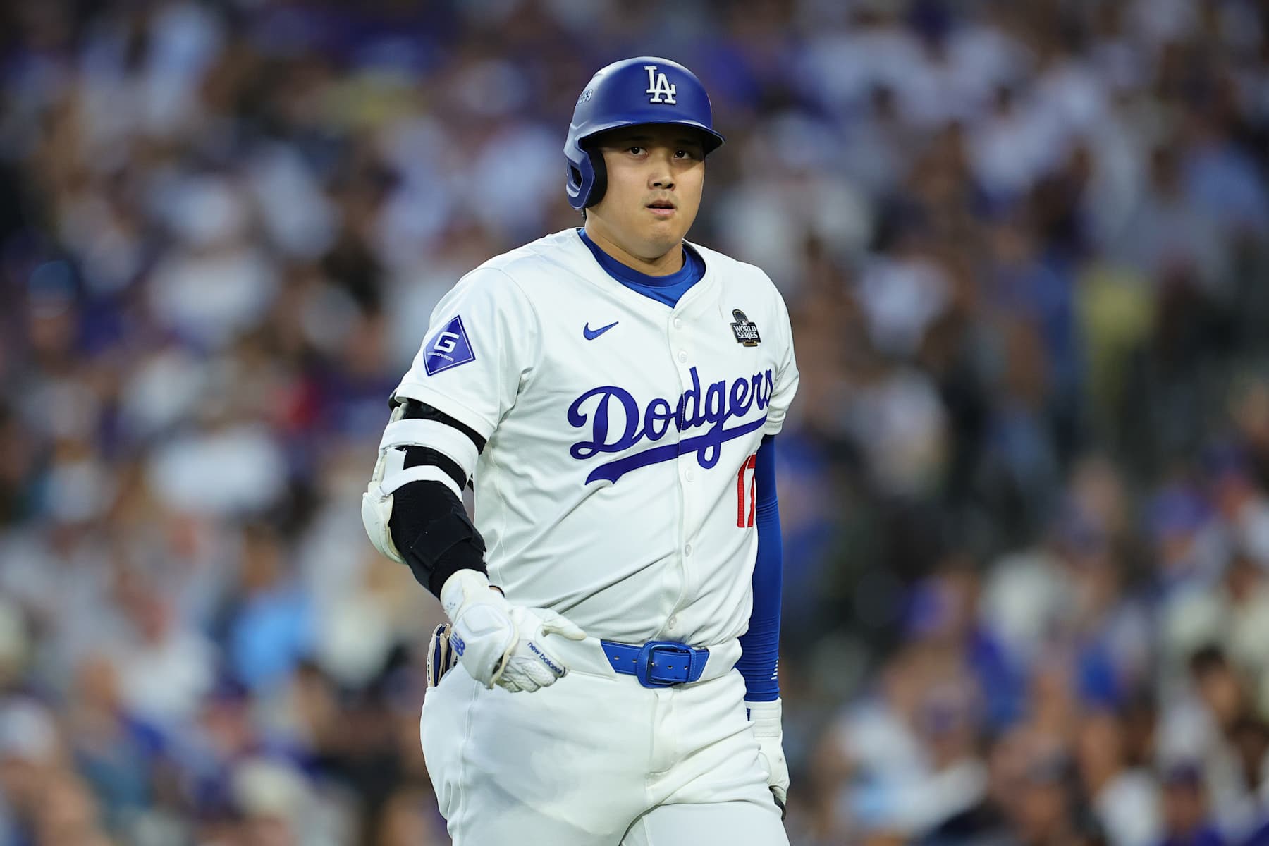 LOS ANGELES, CALIFORNIA - OCTOBER 26: Shohei Ohtani #17 of the Los Angeles Dodgers walks back to the dugout after striking out in the third inning against the New York Yankees during Game Two of the 2024 World Series at Dodger Stadium on October 26, 2024 in Los Angeles, California. (Photo by Alex Slitz/Getty Images)