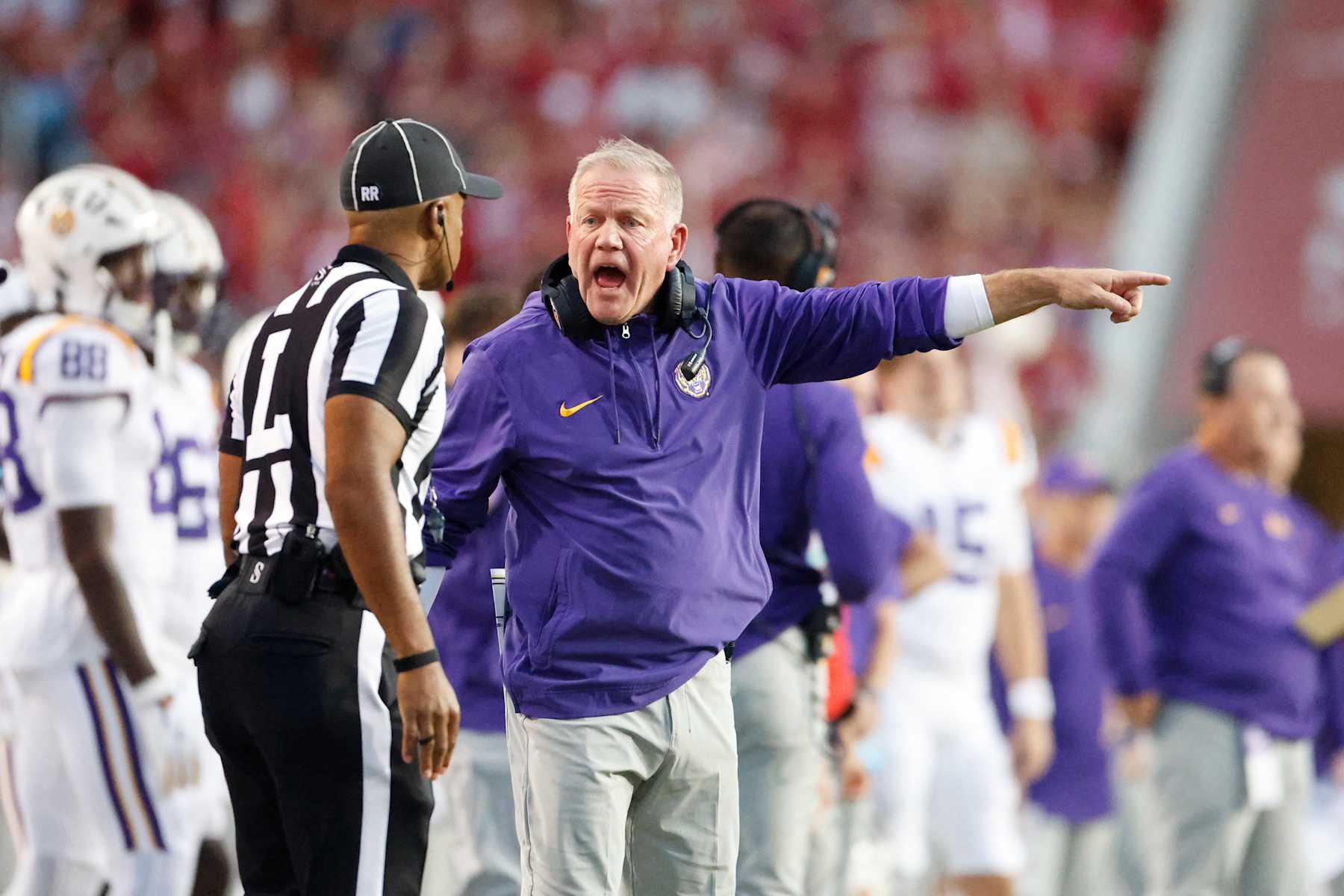 FAYETTEVILLE, AR - OCTOBER 19:  LSU Tigers head coach Brian Kelly yells towards an official during the college football game between the LSU Tigers and Arkansas Razorbacks on October 19, 2024, at Donald W. Reynolds Razorback Stadium in Fayetteville, Arkansas. (Photo by Andy Altenburger/Icon Sportswire via Getty Images)