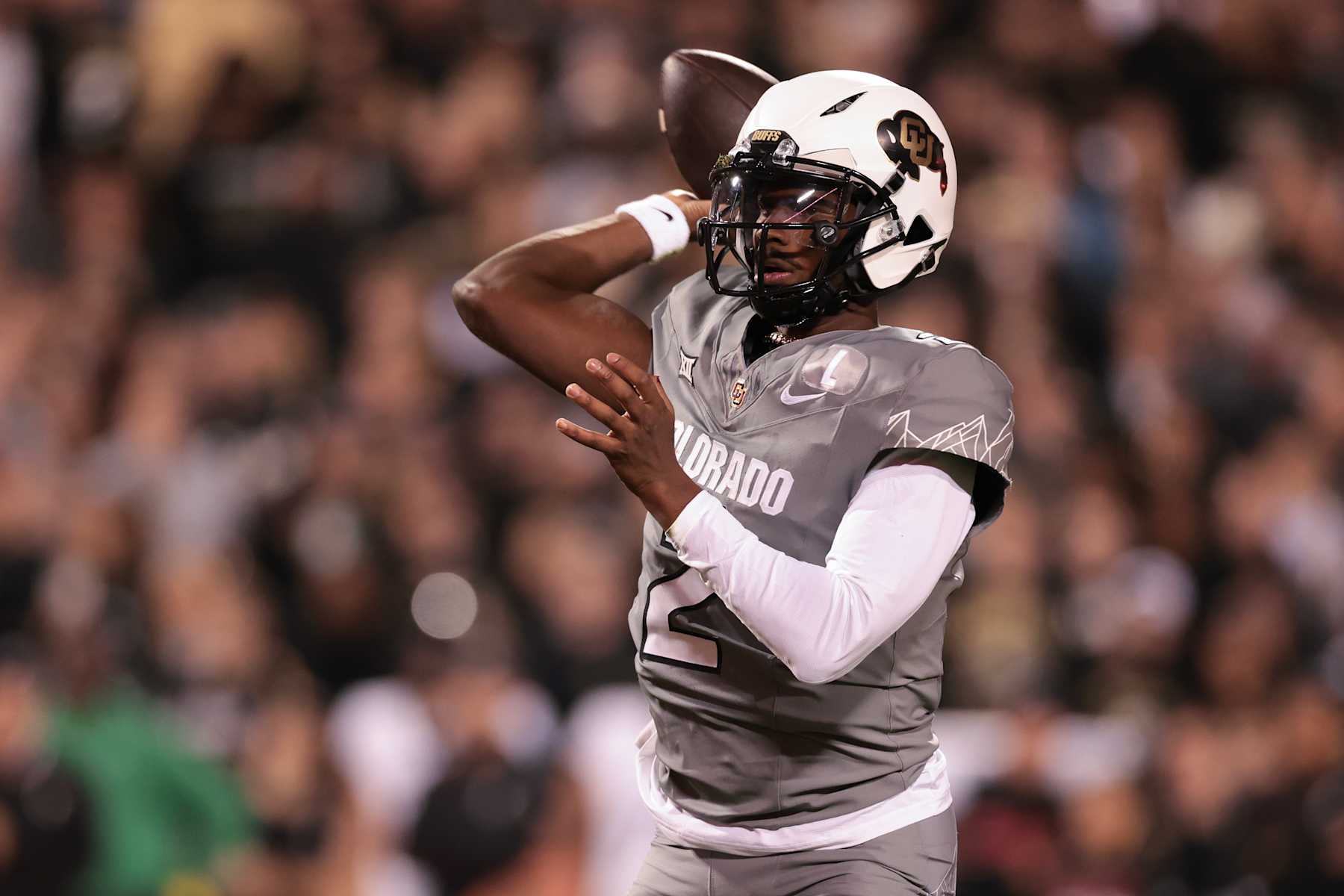 BOULDER, COLORADO - OCTOBER 26: Shedeur Sanders #2 of the Colorado Buffaloes throws a pass during the first quarter against the Cincinnati Bearcats at Folsom Field on October 26, 2024 in Boulder, Colorado. (Photo by Andrew Wevers/Getty Images)