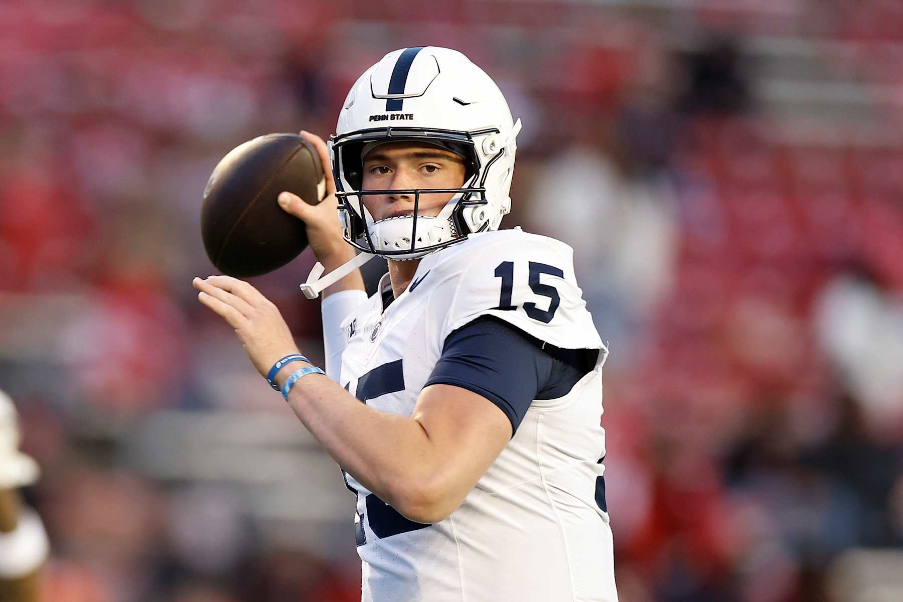 MADISON, WISCONSIN - OCTOBER 26: Drew Allar #15 of the Penn State Nittany Lions warms up before the game against the Wisconsin Badgers at Camp Randall Stadium on October 26, 2024 in Madison, Wisconsin. (Photo by John Fisher/Getty Images)
