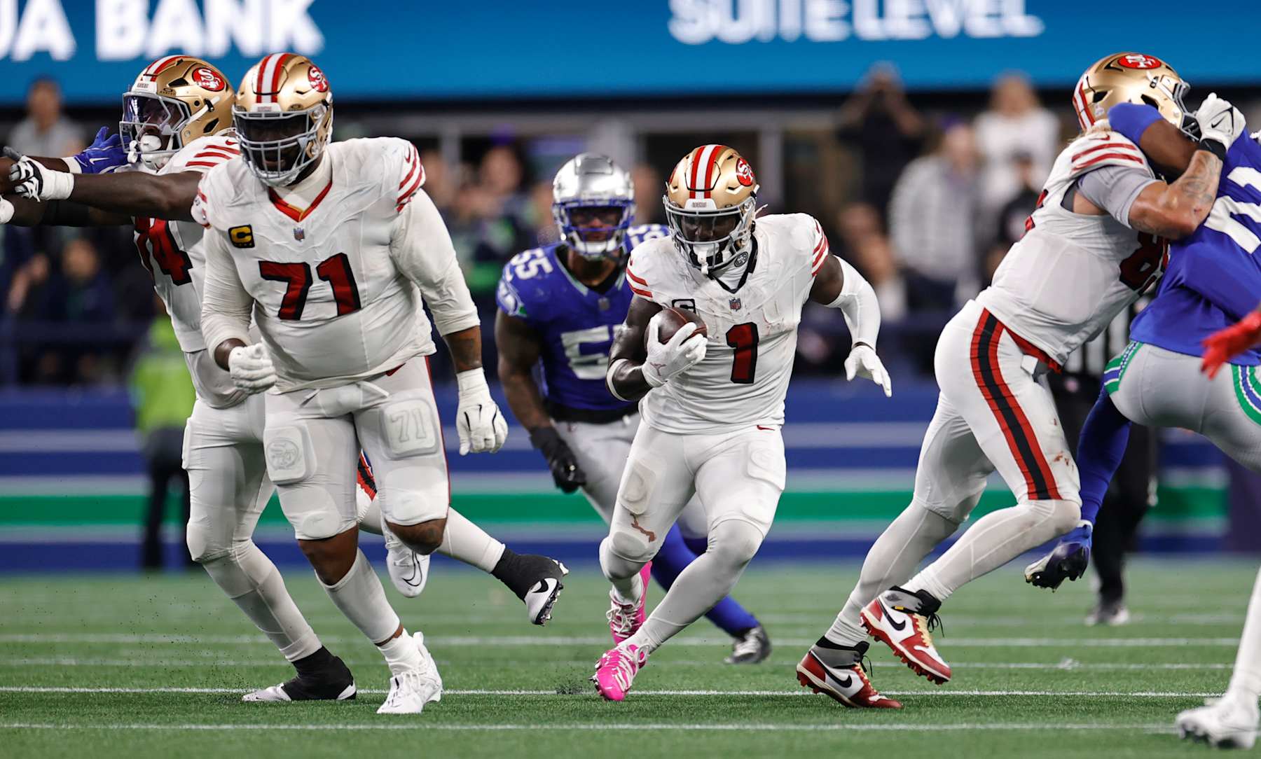 SEATTLE, WA - OCTOBER 10: Deebo Samuel Sr. #1 of the San Francisco 49ers runs after making a catch during the game against the Seattle Seahawks at Lumen Field on October 10, 2024 in Seattle, Washington. The 49ers defeated the Seahawks 36-24. (Photo by Michael Zagaris/San Francisco 49ers/Getty Images)