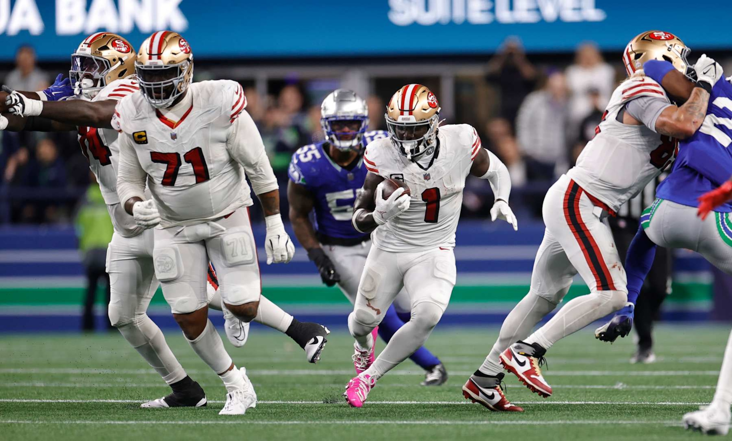 SEATTLE, WA - OCTOBER 10: Deebo Samuel Sr. #1 of the San Francisco 49ers runs after making a catch during the game against the Seattle Seahawks at Lumen Field on October 10, 2024 in Seattle, Washington. The 49ers defeated the Seahawks 36-24. (Photo by Michael Zagaris/San Francisco 49ers/Getty Images)