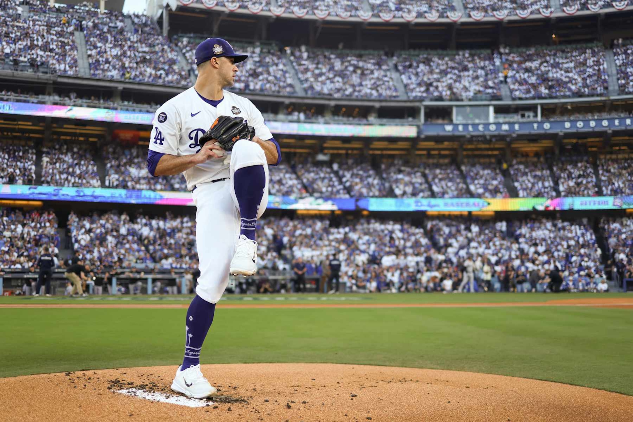 LOS ANGELES, CA - OCTOBER 25: Jack Flaherty #0 of the Los Angeles Dodgers warms up on the mound prior to the first pitch of Game 1 of the 2024 World Series presented by Capital One between the New York Yankees and the Los Angeles Dodgers at Dodger Stadium on Friday, October 25, 2024 in Los Angeles, California. (Photo by Rob Tringali/MLB Photos via Getty Images)