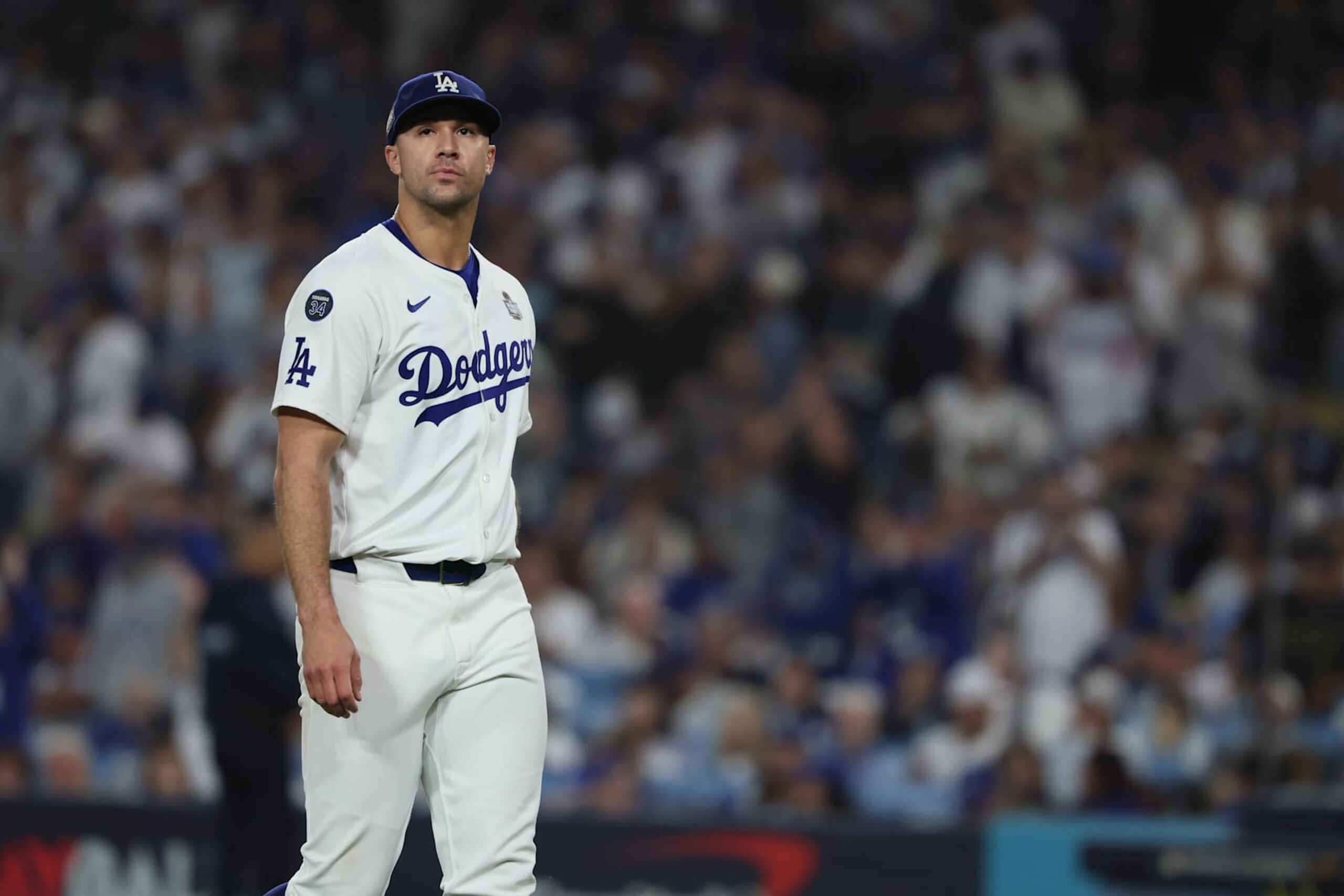 LOS ANGELES, CA - OCTOBER 25, 2024: Los Angeles Dodgers pitcher Jack Flaherty (0) leaves the game in the sixth inning. Game 1 of the World Series against the Yankees at Dodgers Stadium in Los Angeles Friday, October. 25. 2024. (Robert Gauthier/Los Angeles Times via Getty Images)