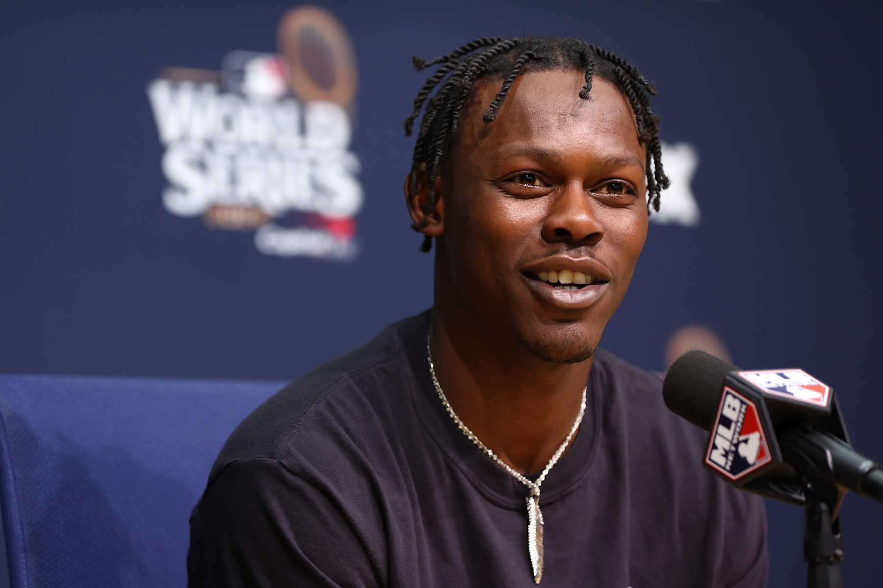 LOS ANGELES, CALIFORNIA - OCTOBER 26: Jazz Chisholm Jr. #13 of the New York Yankees speaks to the media during a press conference ahead of Game Two of the 2024 World Series between the Los Angeles Dodgers and the New York Yankees at Dodger Stadium on October 26, 2024 in Los Angeles, California. (Photo by Maddie Meyer/Getty Images)