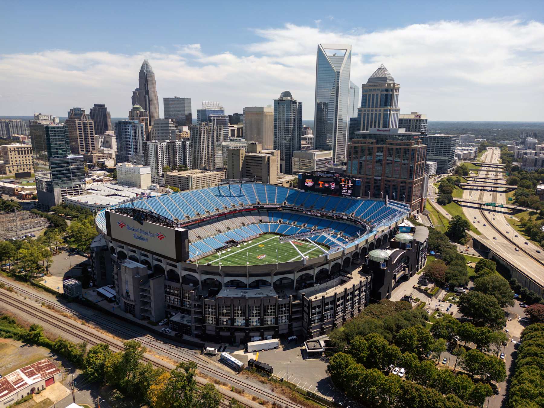 CHARLOTTE, NORTH CAROLINA - SEPTEMBER 7: An aerial view of Bank of America Stadium and the surrounding downtown Charlotte area ahead of the Duke's Mayo Classic game between the Tennessee Volunteers and the NC State Wolfpack on September 7, 2024 in Charlotte, North Carolina. (Photo by Lance King/Getty Images)
