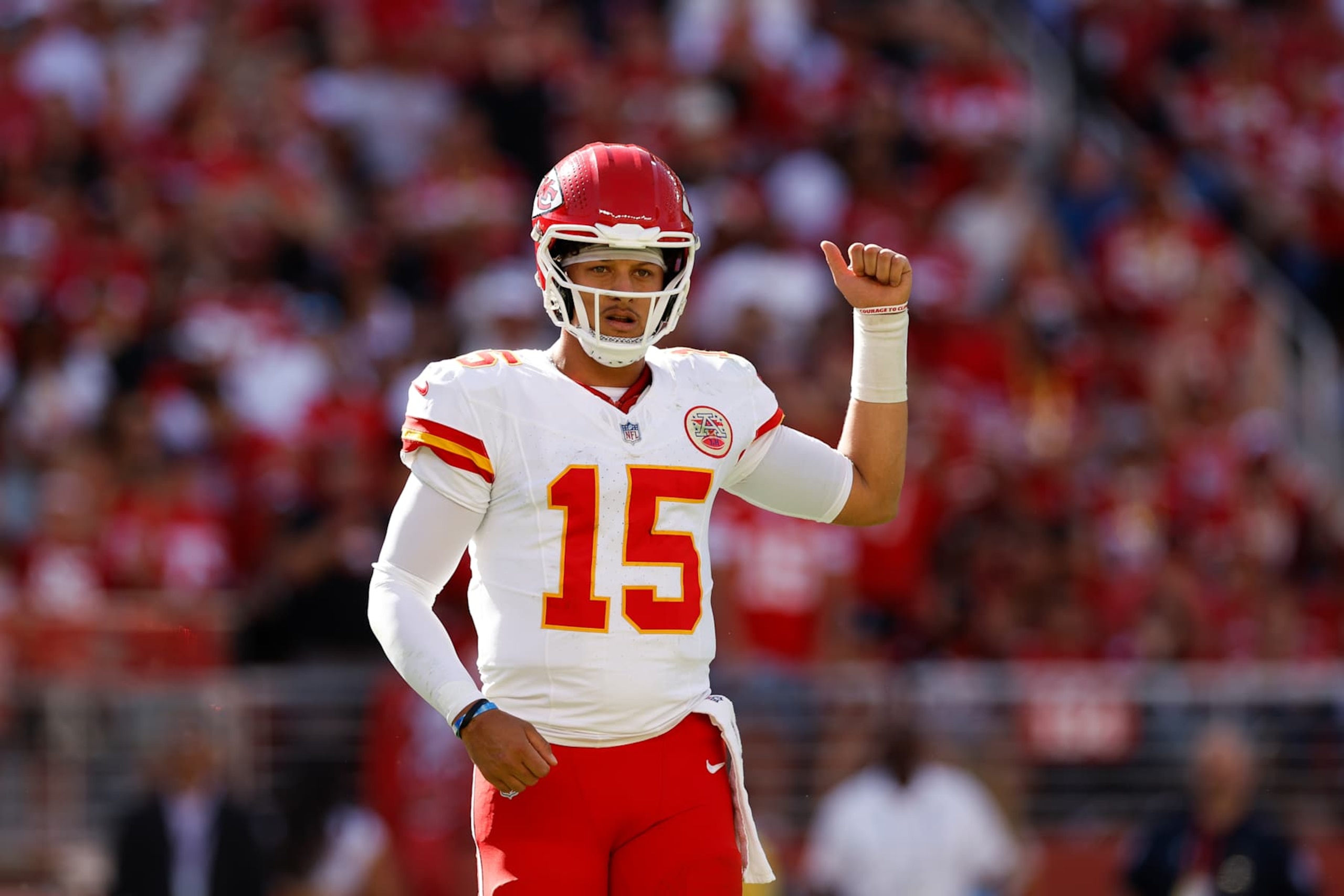 SANTA CLARA, CALIFORNIA - OCTOBER 20: Patrick Mahomes #15 of the Kansas City Chiefs reacts during the first half against the San Francisco 49ers at Levis Stadium on October 20, 2024 in Santa Clara, California. (Photo by Aaron M. Sprecher/Getty Images)