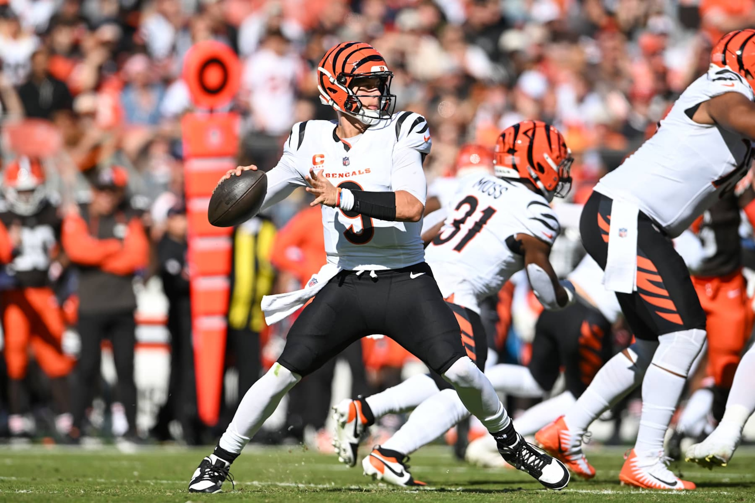 CLEVELAND, OHIO - OCTOBER 20: Joe Burrow #9 of the Cincinnati Bengals throws a pass during the second quarter against the Cleveland Browns at Huntington Bank Field on October 20, 2024 in Cleveland, Ohio. (Photo by Nick Cammett/Diamond Images via Getty Images)